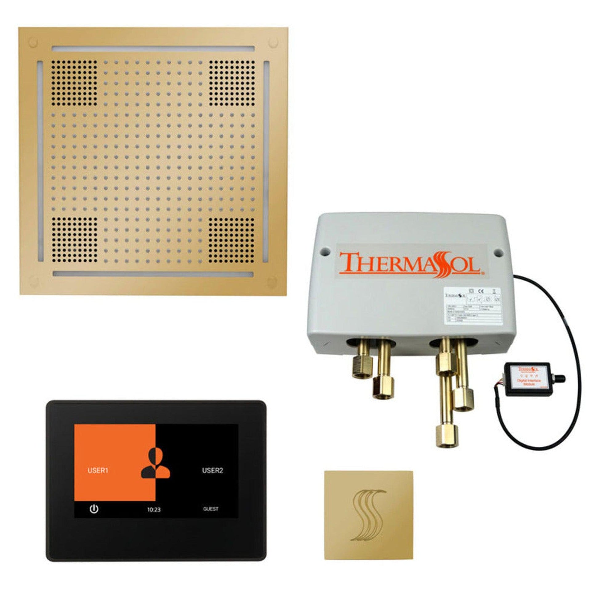 ThermaSol The Total Wellness Polished Brass Finish Hydrovive Package with 7" ThermaTouch and Square SteamVection