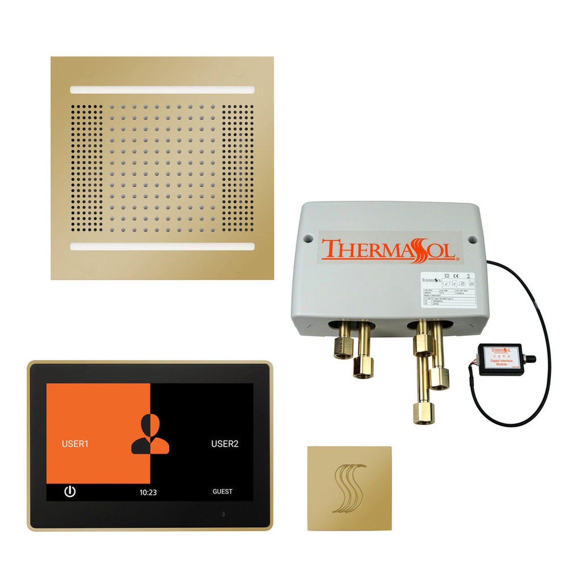 ThermaSol The Total Wellness Polished Brass Finish Hydrovive14 Package with 10" ThermaTouch and Square SteamVection