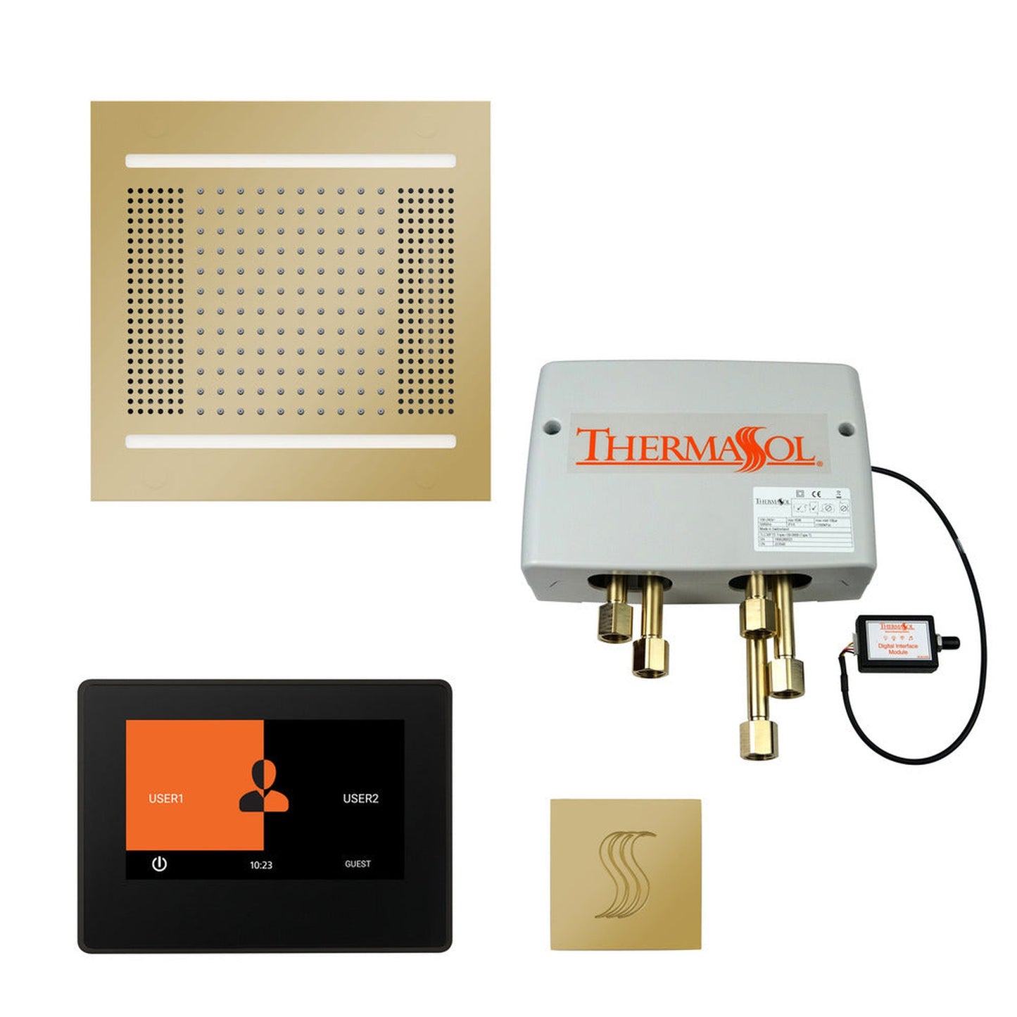 ThermaSol The Total Wellness Polished Brass Finish Hydrovive14 Package with 7" ThermaTouch and Square SteamVection
