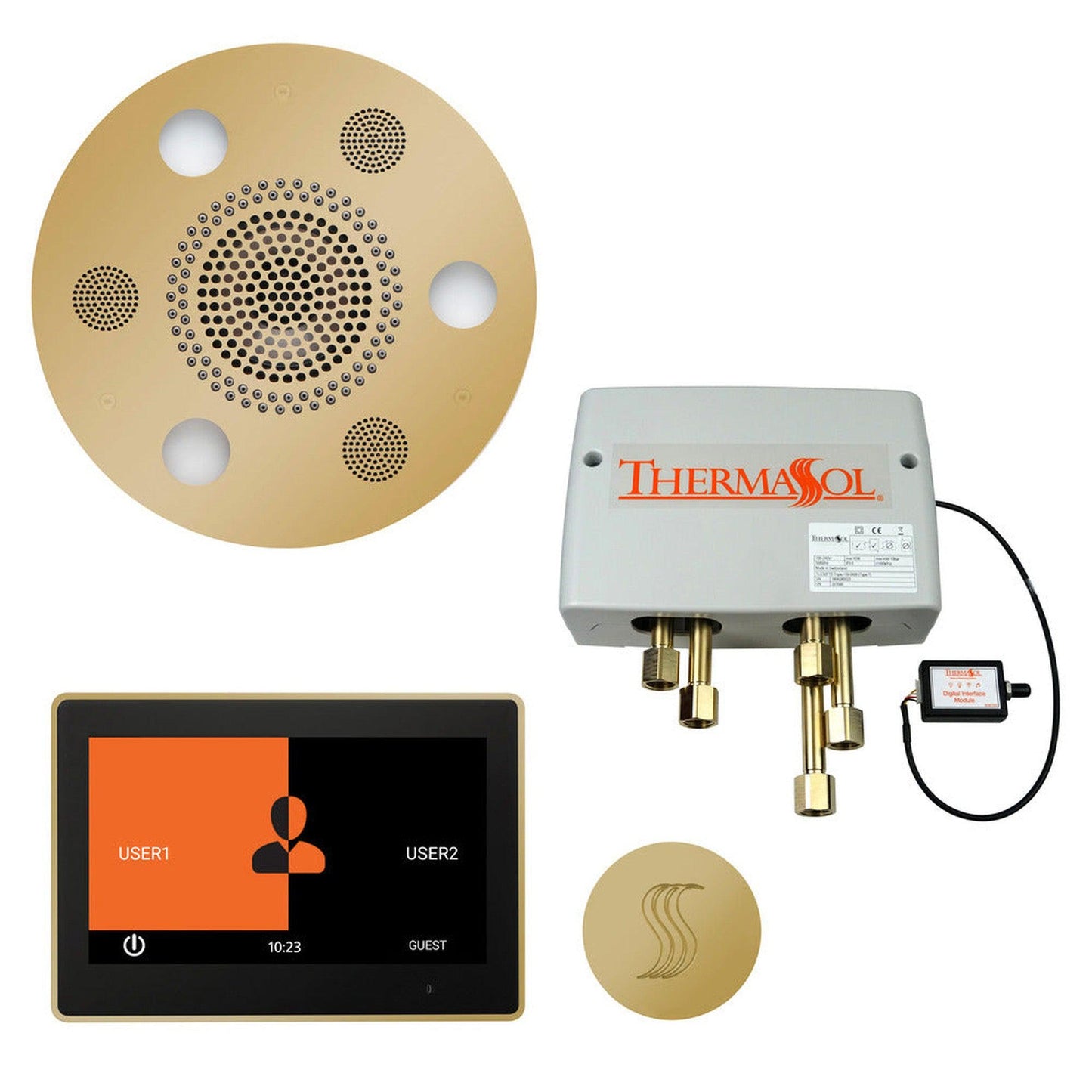 ThermaSol The Total Wellness Polished Brass Finish Serenity Advanced Round Package with 10" ThermaTouch and Round SteamVection