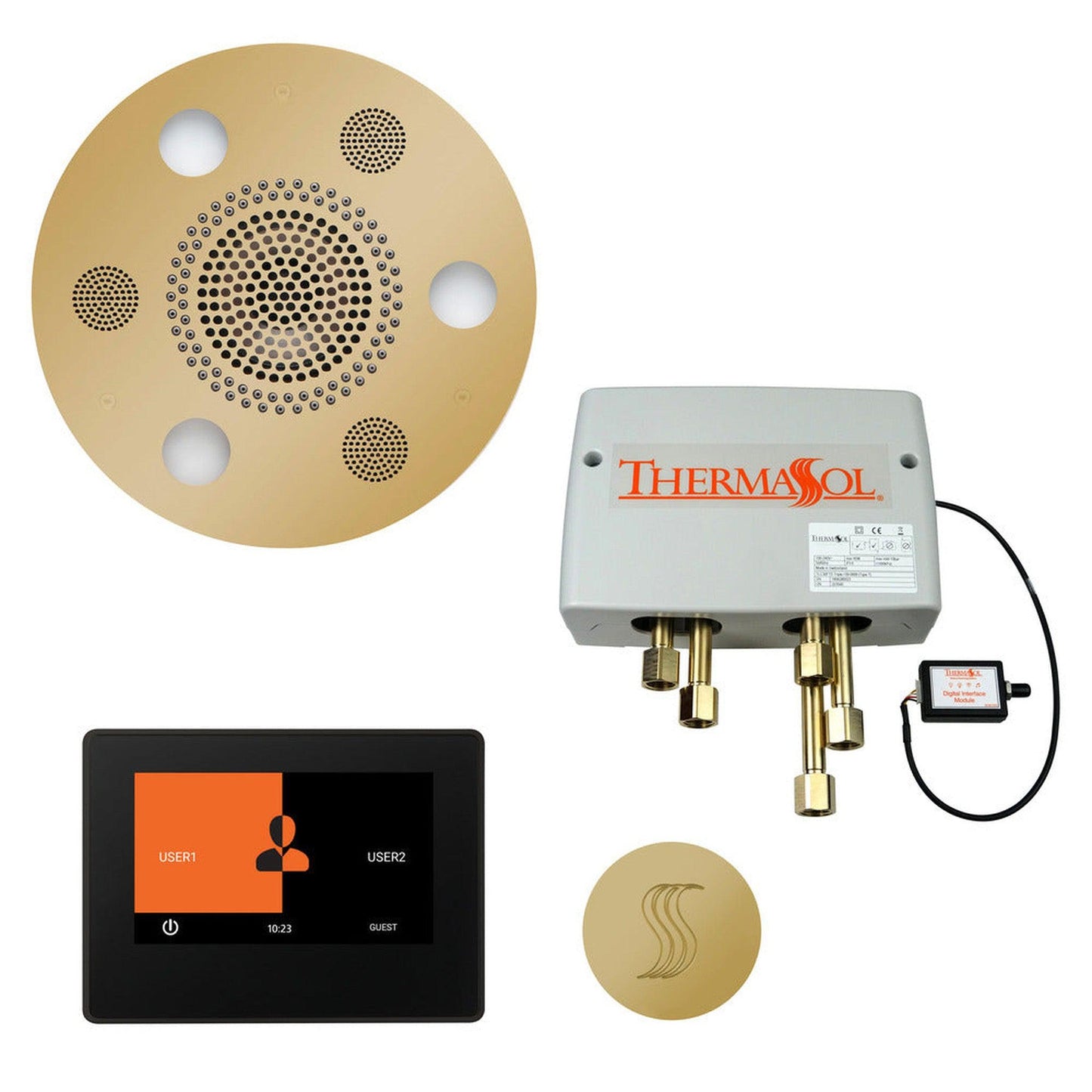 ThermaSol The Total Wellness Polished Brass Finish Serenity Advanced Round Package with 7" ThermaTouch and Round SteamVection