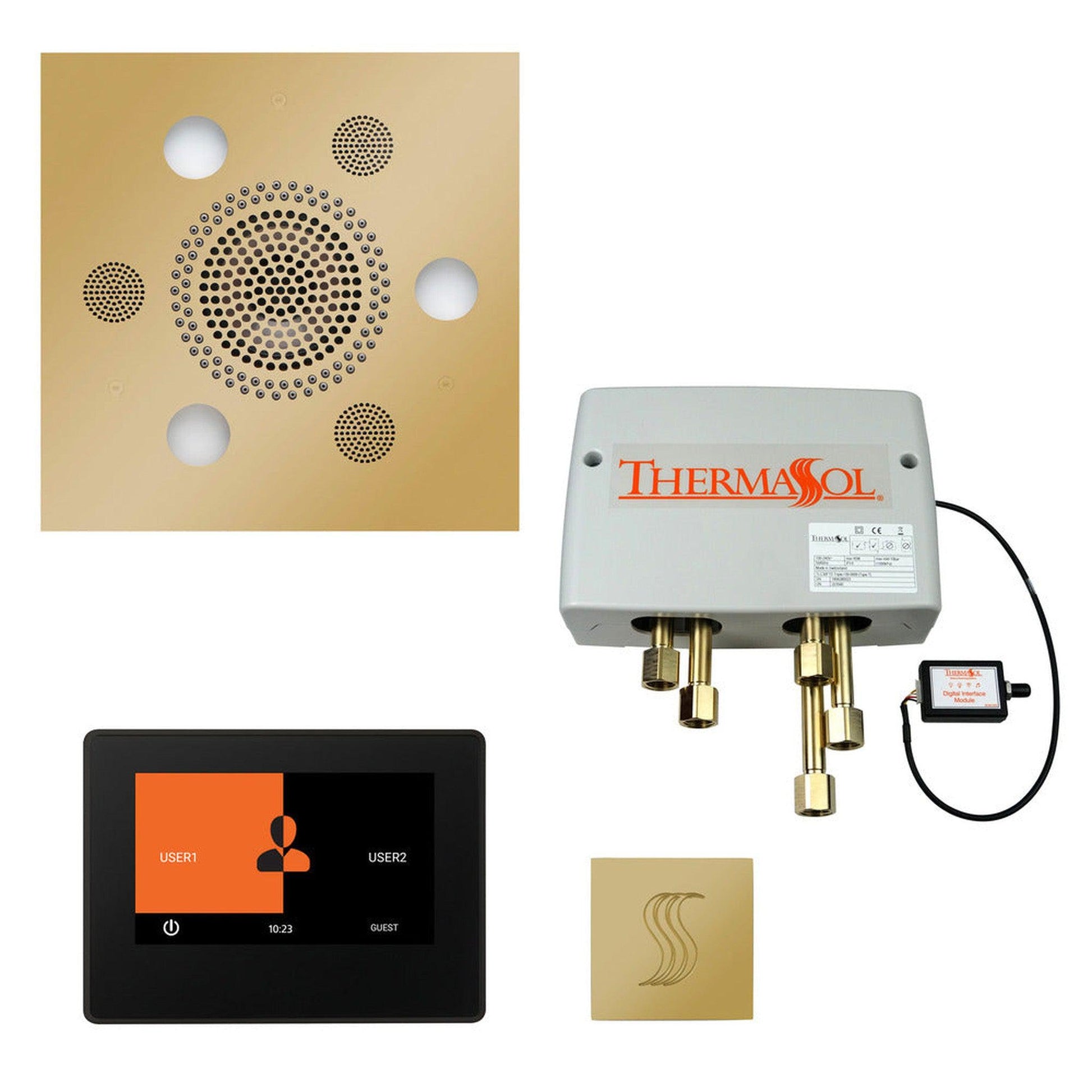 ThermaSol The Total Wellness Polished Brass Finish Serenity Advanced Square Package with 7" ThermaTouch and Square SteamVection