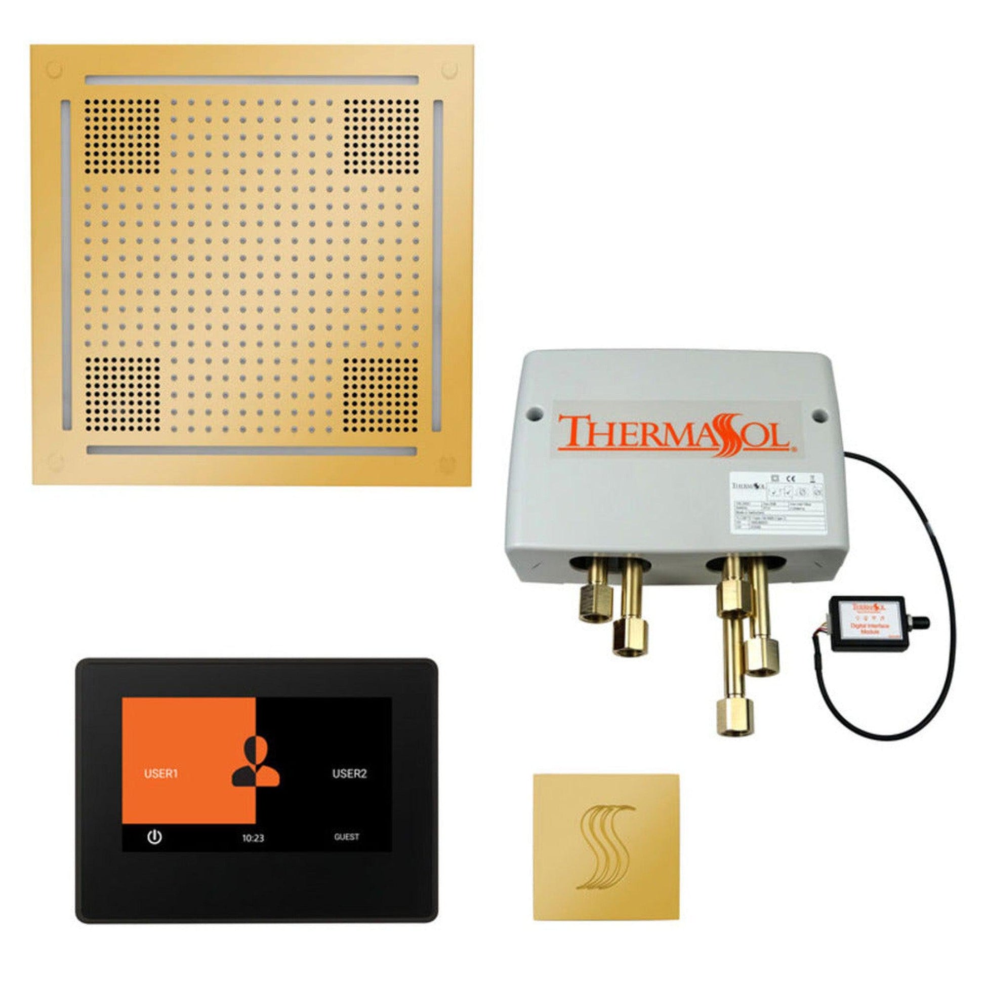 ThermaSol The Total Wellness Polished Gold Finish Hydrovive Package with 7" ThermaTouch and Square SteamVection