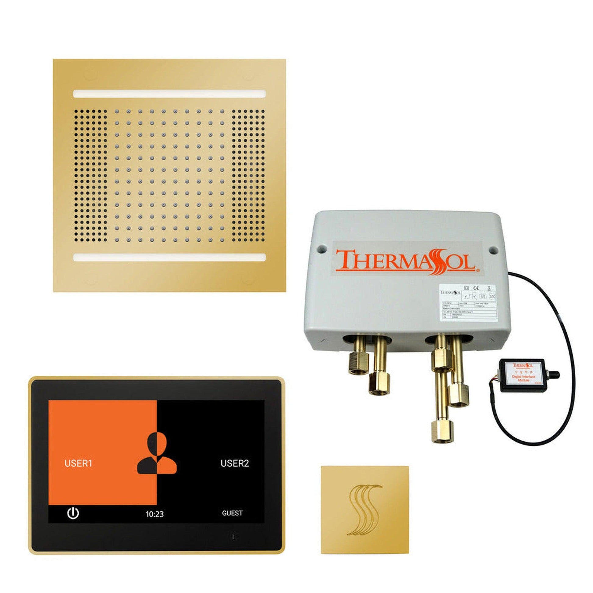 ThermaSol The Total Wellness Polished Gold Finish Hydrovive14 Package with 10" ThermaTouch and Square SteamVection
