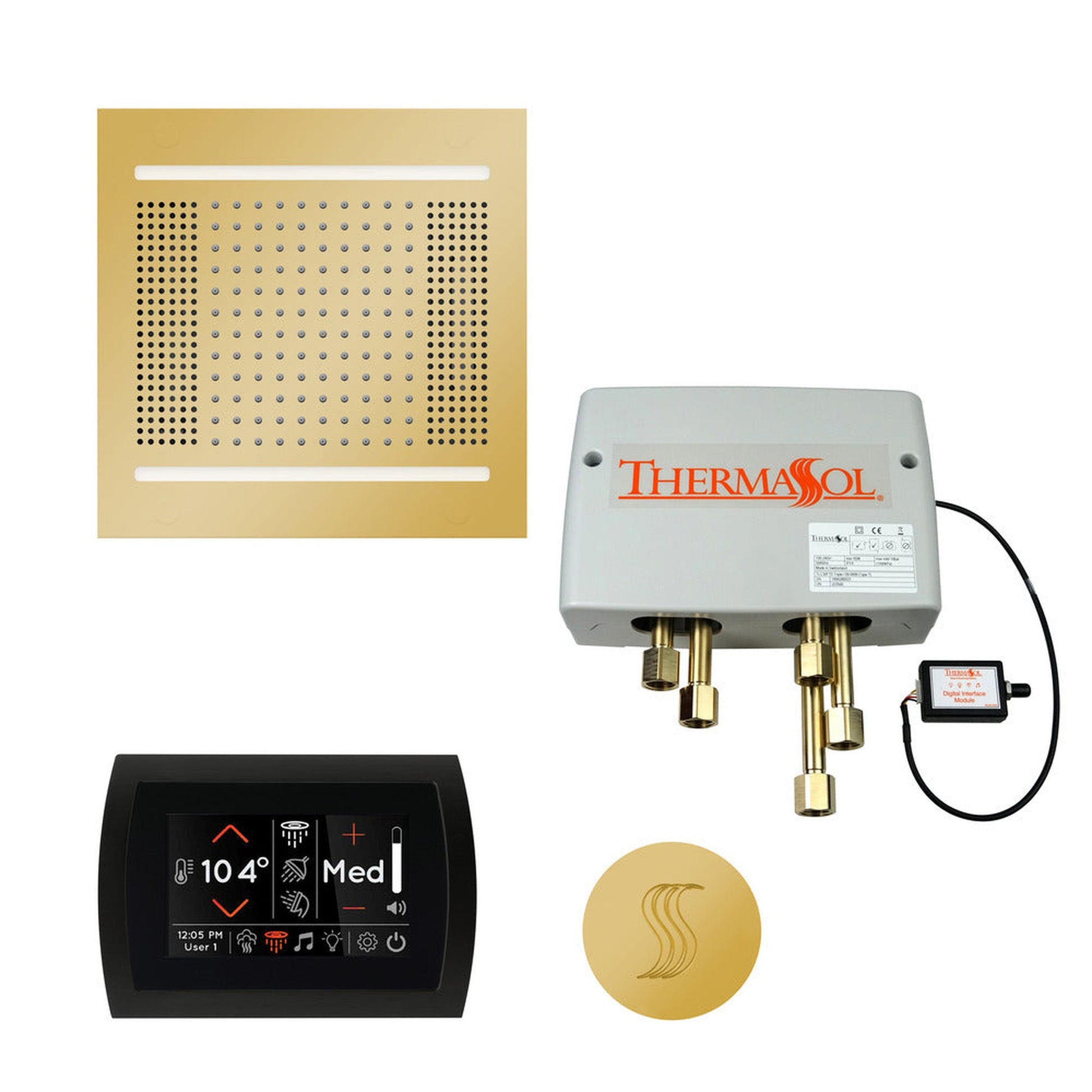 ThermaSol The Total Wellness Polished Gold Finish Hydrovive14 Package with 5" Flushmount SignaTouch and Round SteamVection