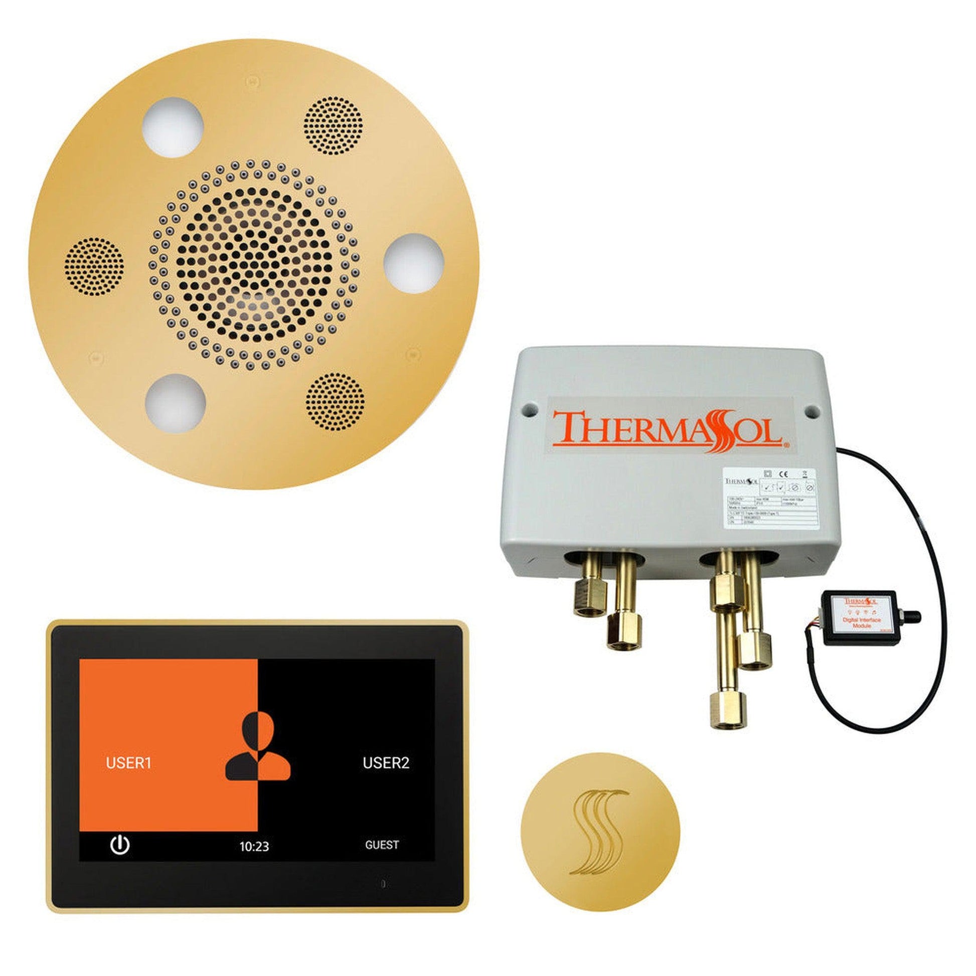 ThermaSol The Total Wellness Polished Gold Finish Serenity Advanced Round Package with 10" ThermaTouch and Round SteamVection