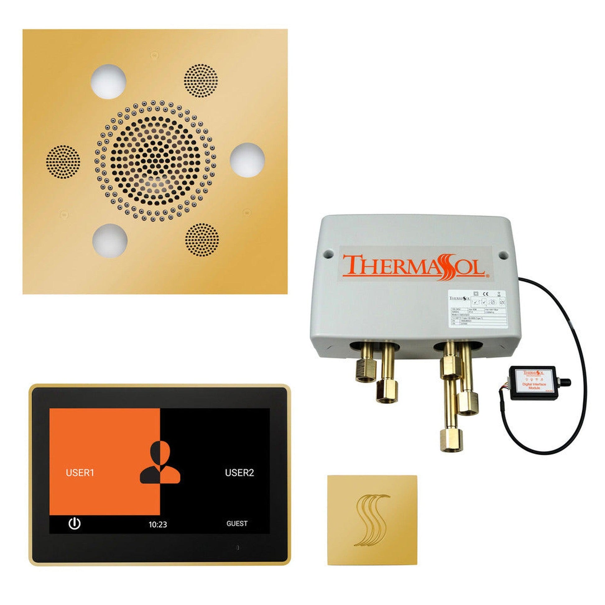 ThermaSol The Total Wellness Polished Gold Finish Serenity Advanced Square Package with 10" ThermaTouch and Square SteamVection