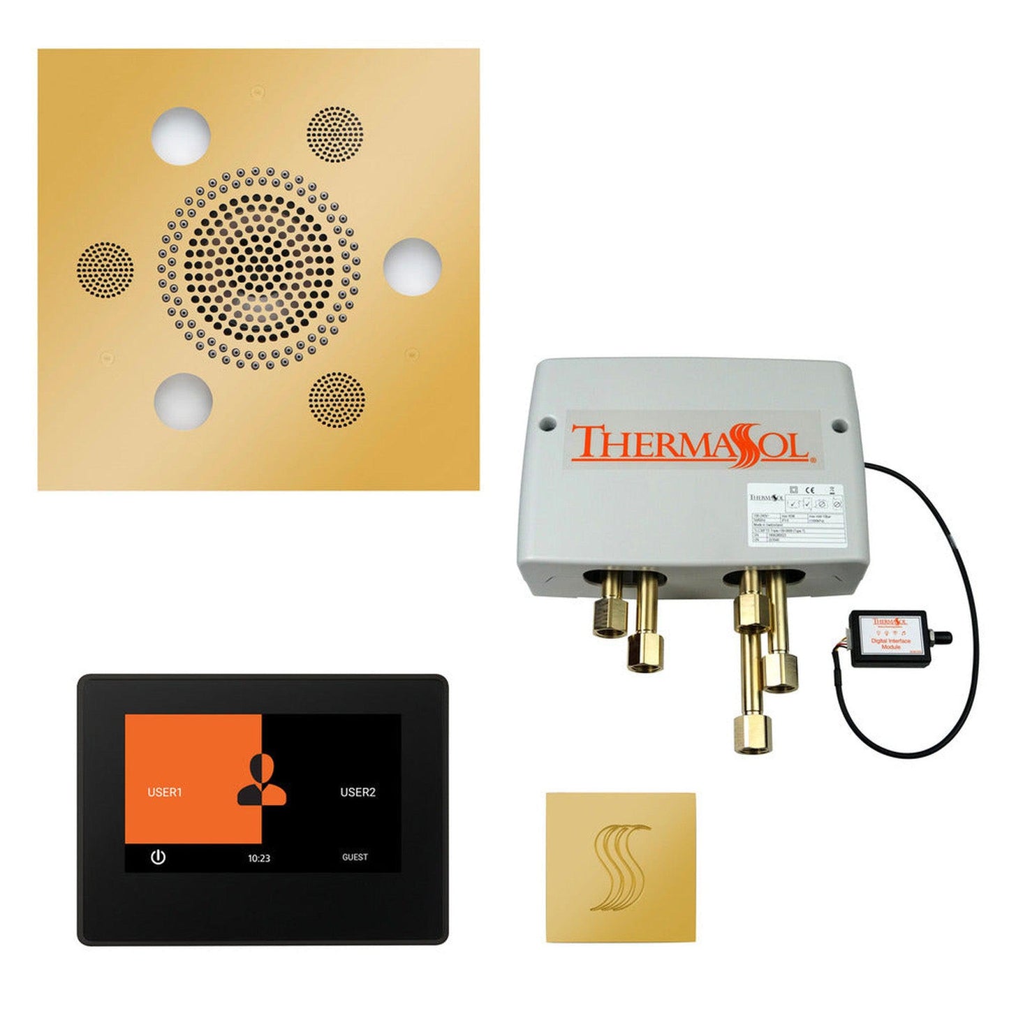 ThermaSol The Total Wellness Polished Gold Finish Serenity Advanced Square Package with 7" ThermaTouch and Square SteamVection