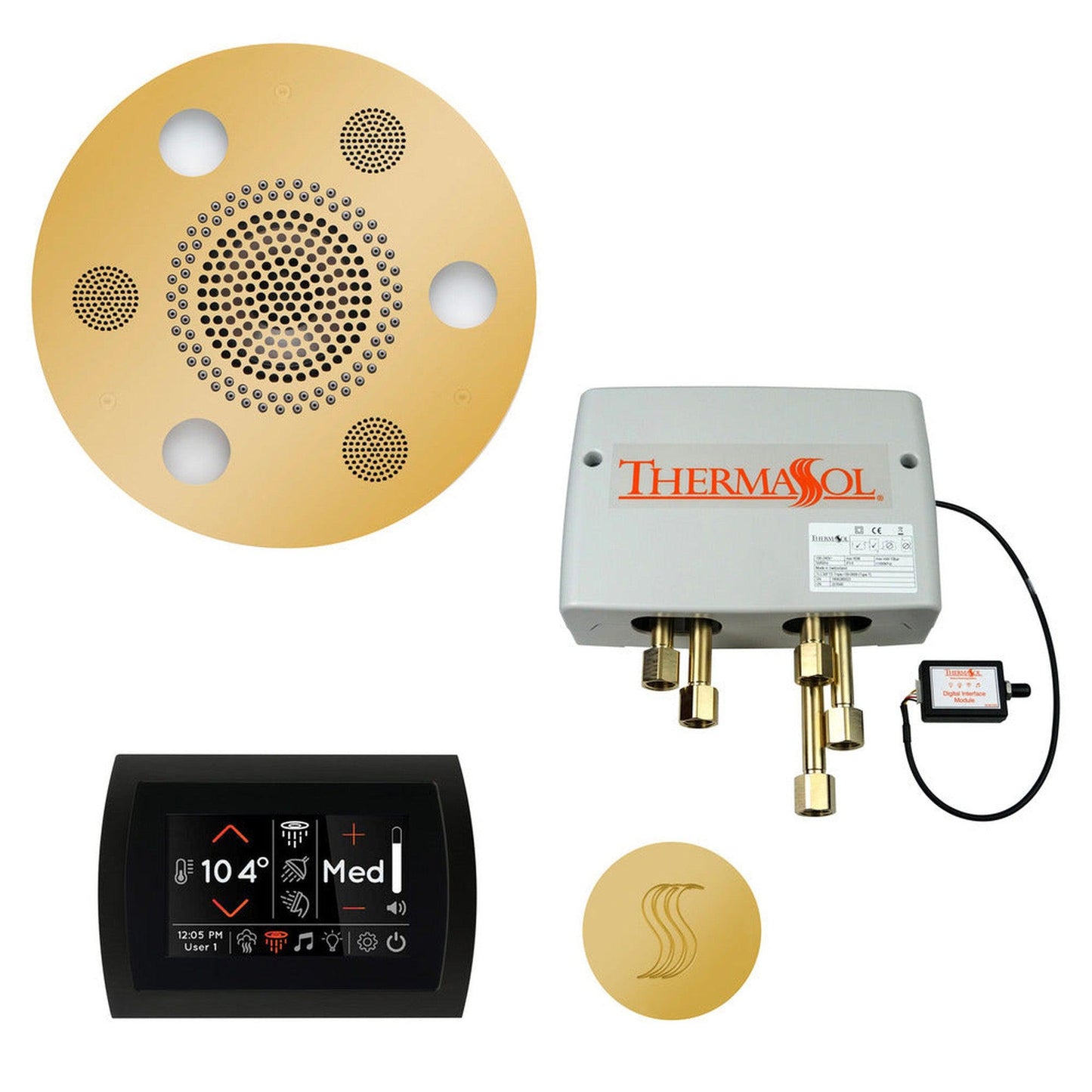 ThermaSol The Total Wellness Polished Gold Finish Serenity Advancedd Round Package with 5" Flushmount SignaTouch and Round SteamVection