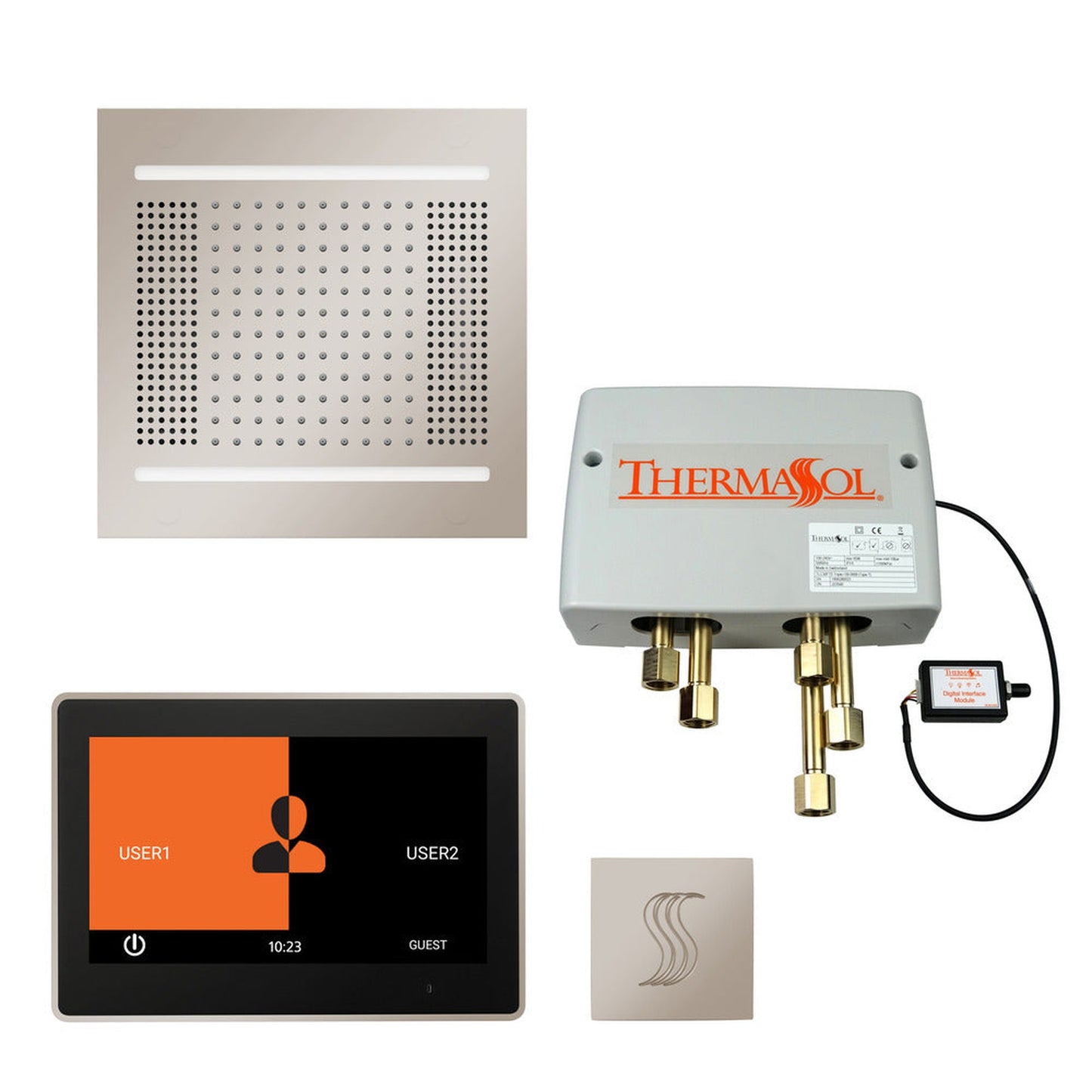 ThermaSol The Total Wellness Polished Nickel Finish Hydrovive14 Package with 10" ThermaTouch and Square SteamVection