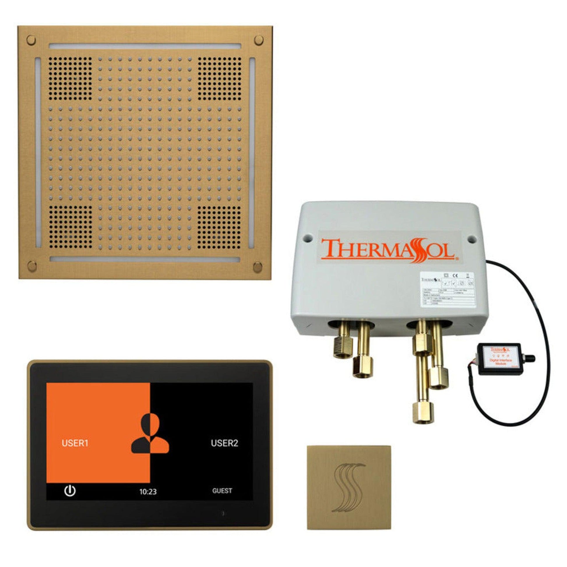 ThermaSol The Total Wellness Satin Brass Finish Hydrovive Package with 10" ThermaTouch and Square SteamVection