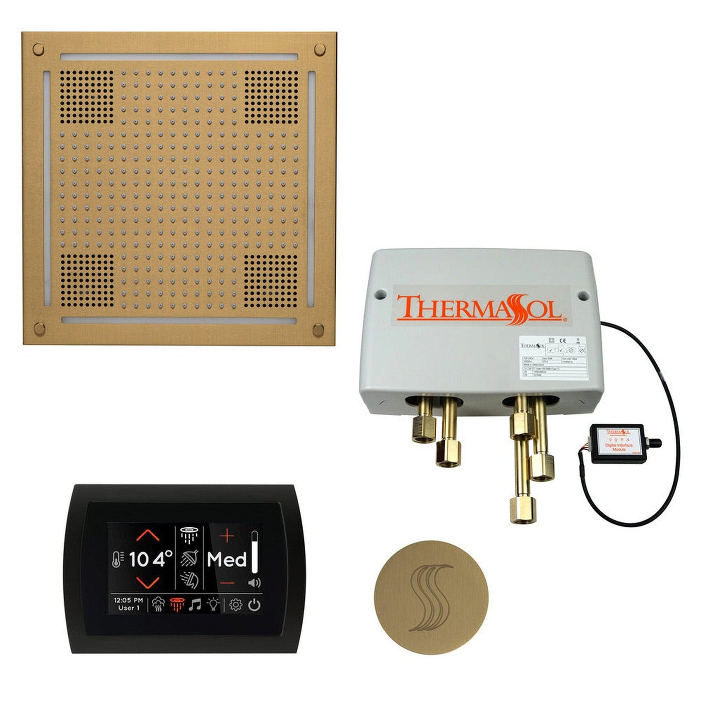 ThermaSol The Total Wellness Satin Brass Finish Hydrovive Package with 5" Flushmount SignaTouch and Round SteamVection