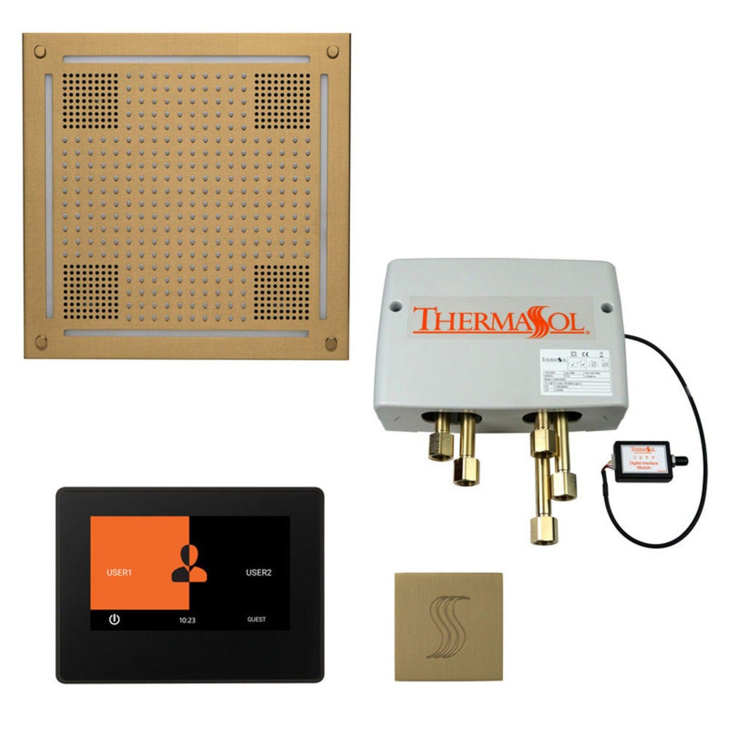 ThermaSol The Total Wellness Satin Brass Finish Hydrovive Package with 7" ThermaTouch and Square SteamVection