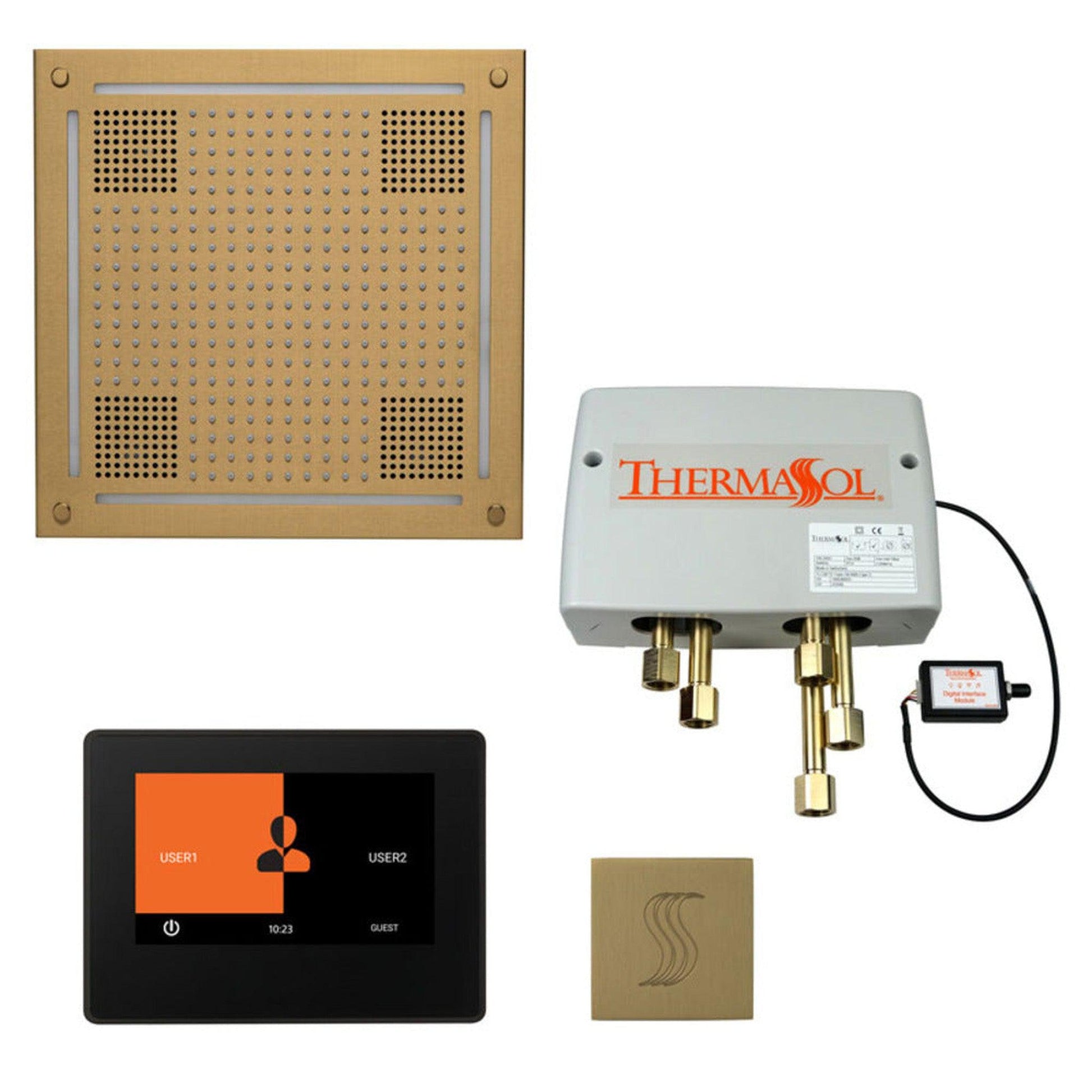 ThermaSol The Total Wellness Satin Brass Finish Hydrovive Package with 7" ThermaTouch and Square SteamVection