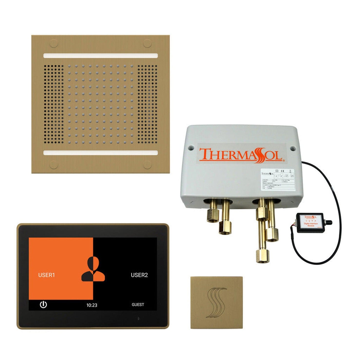 ThermaSol The Total Wellness Satin Brass Finish Hydrovive14 Package with 10" ThermaTouch and Square SteamVection