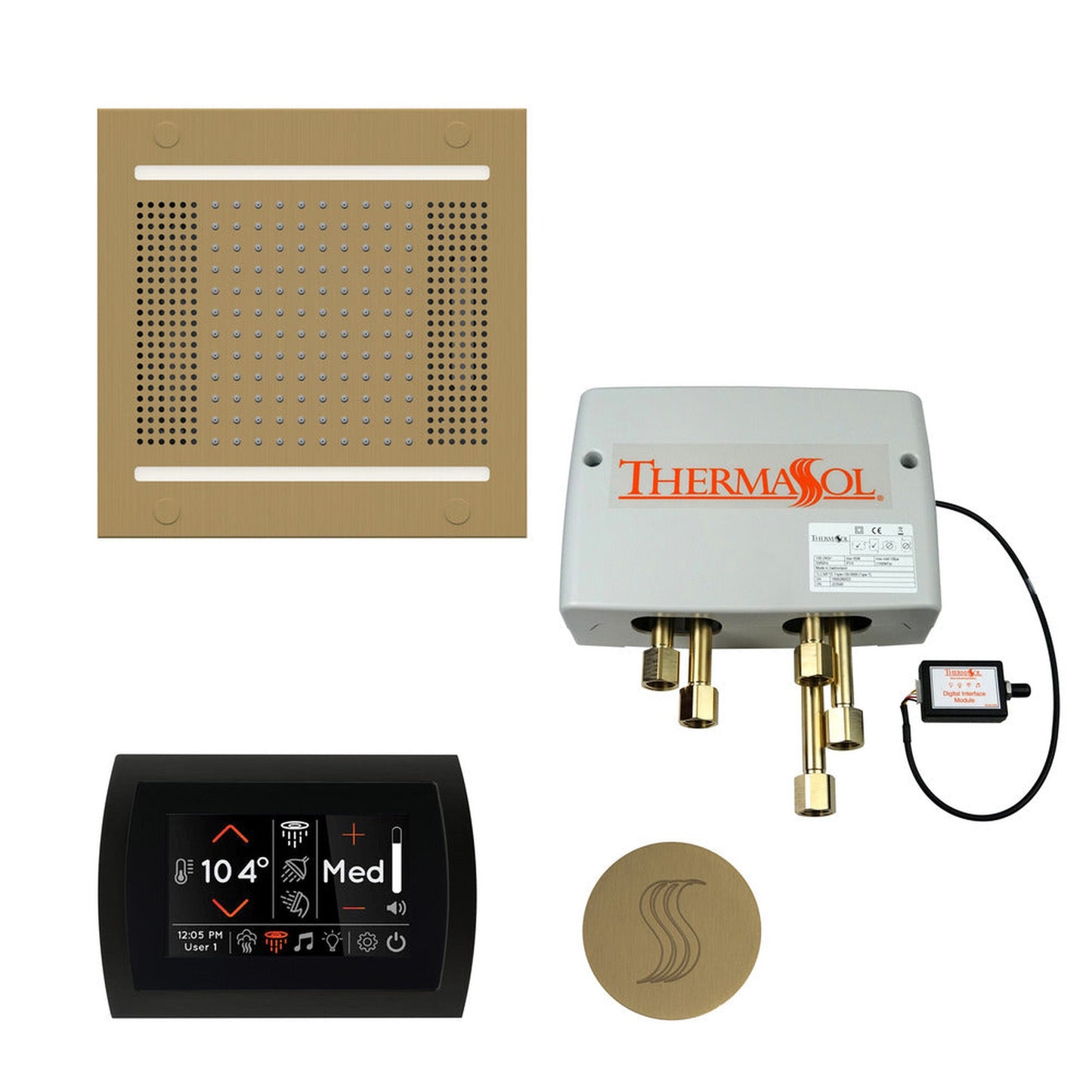 ThermaSol The Total Wellness Satin Brass Finish Hydrovive14 Package with 5" Flushmount SignaTouch and Round SteamVection