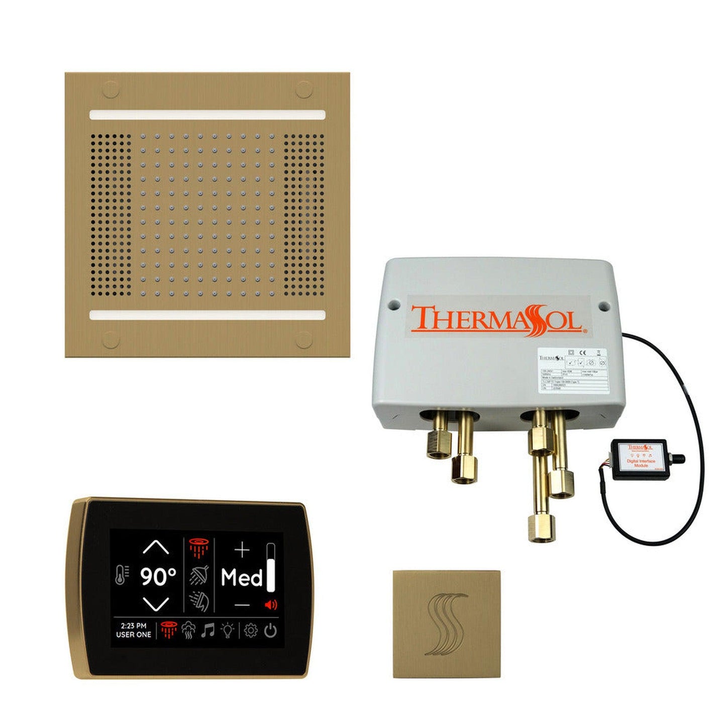 ThermaSol The Total Wellness Satin Brass Finish Hydrovive14 Package with 5" Recessed SignaTouch and Square SteamVection