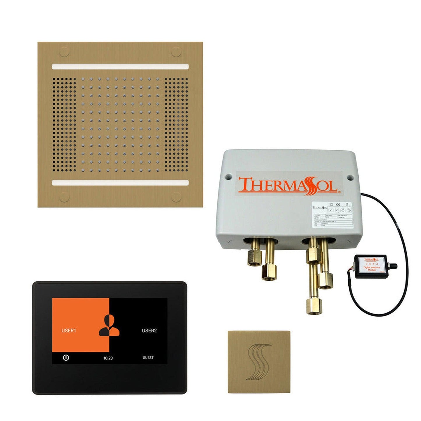 ThermaSol The Total Wellness Satin Brass Finish Hydrovive14 Package with 7" ThermaTouch and Square SteamVection