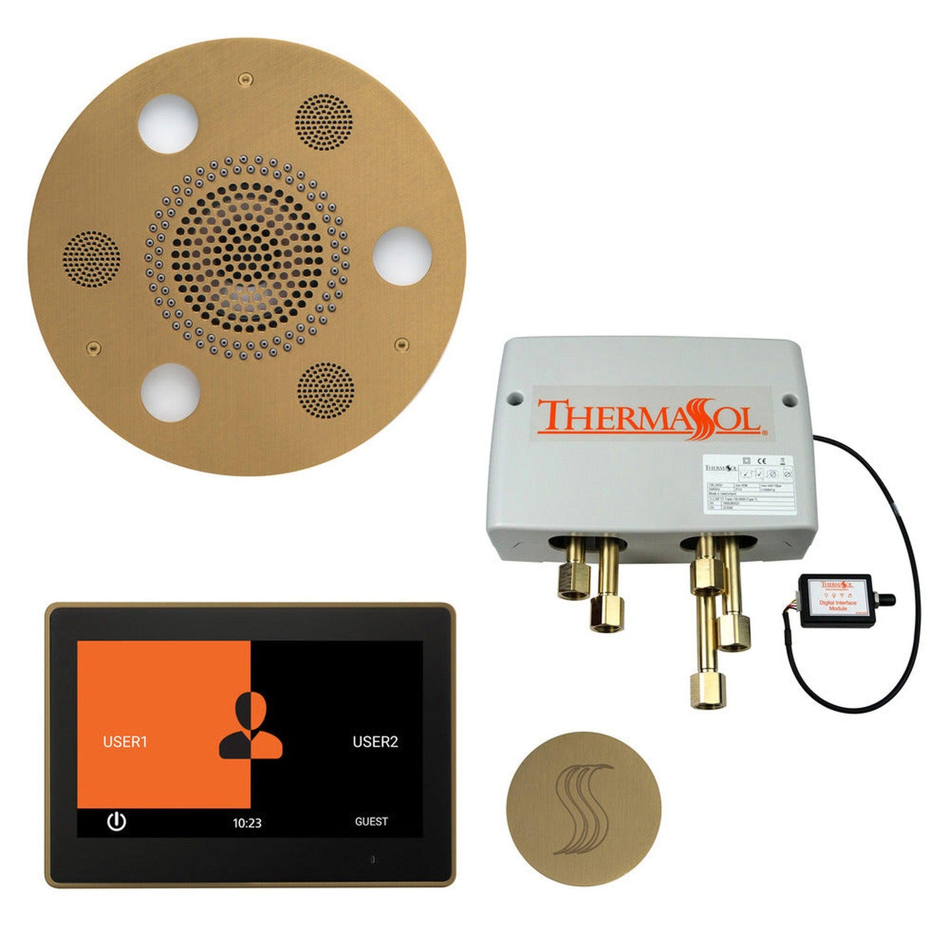 ThermaSol The Total Wellness Satin Brass Finish Serenity Advanced Round Package with 10" ThermaTouch and Round SteamVection