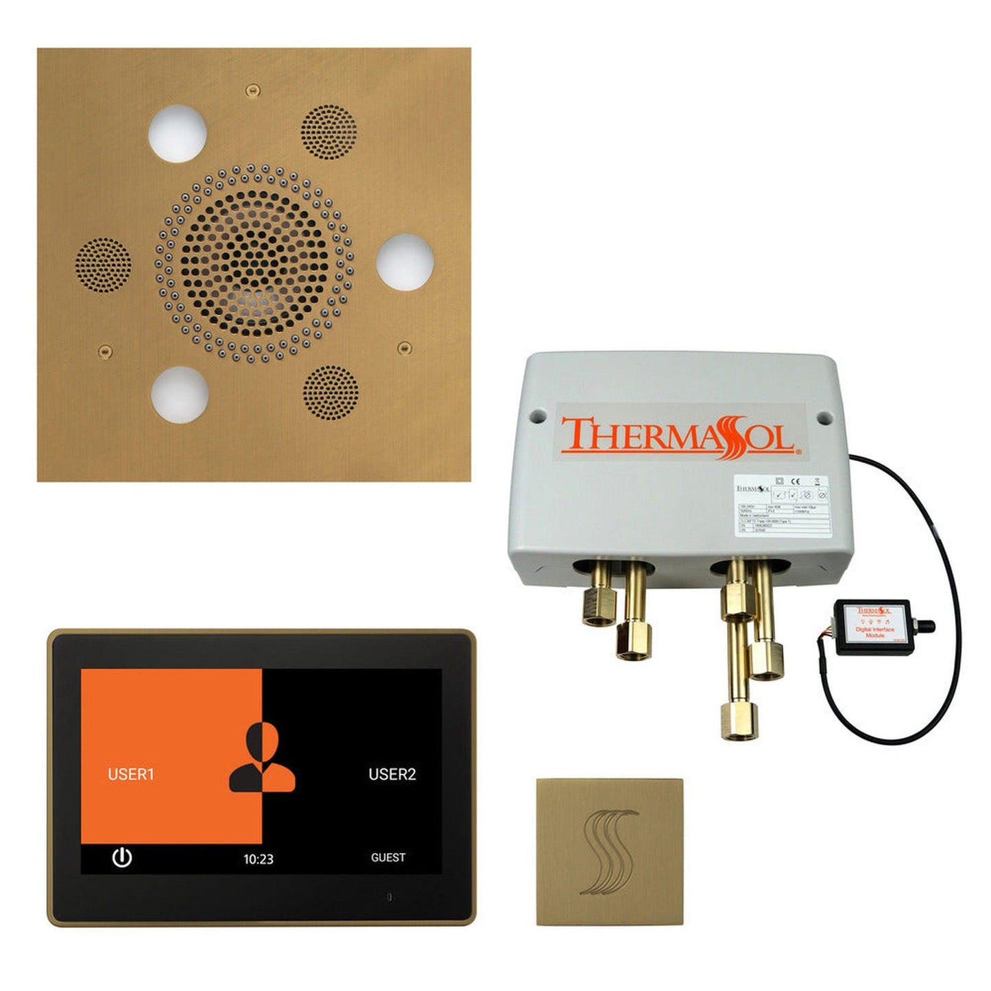 ThermaSol The Total Wellness Satin Brass Finish Serenity Advanced Square Package with 10" ThermaTouch and Square SteamVection