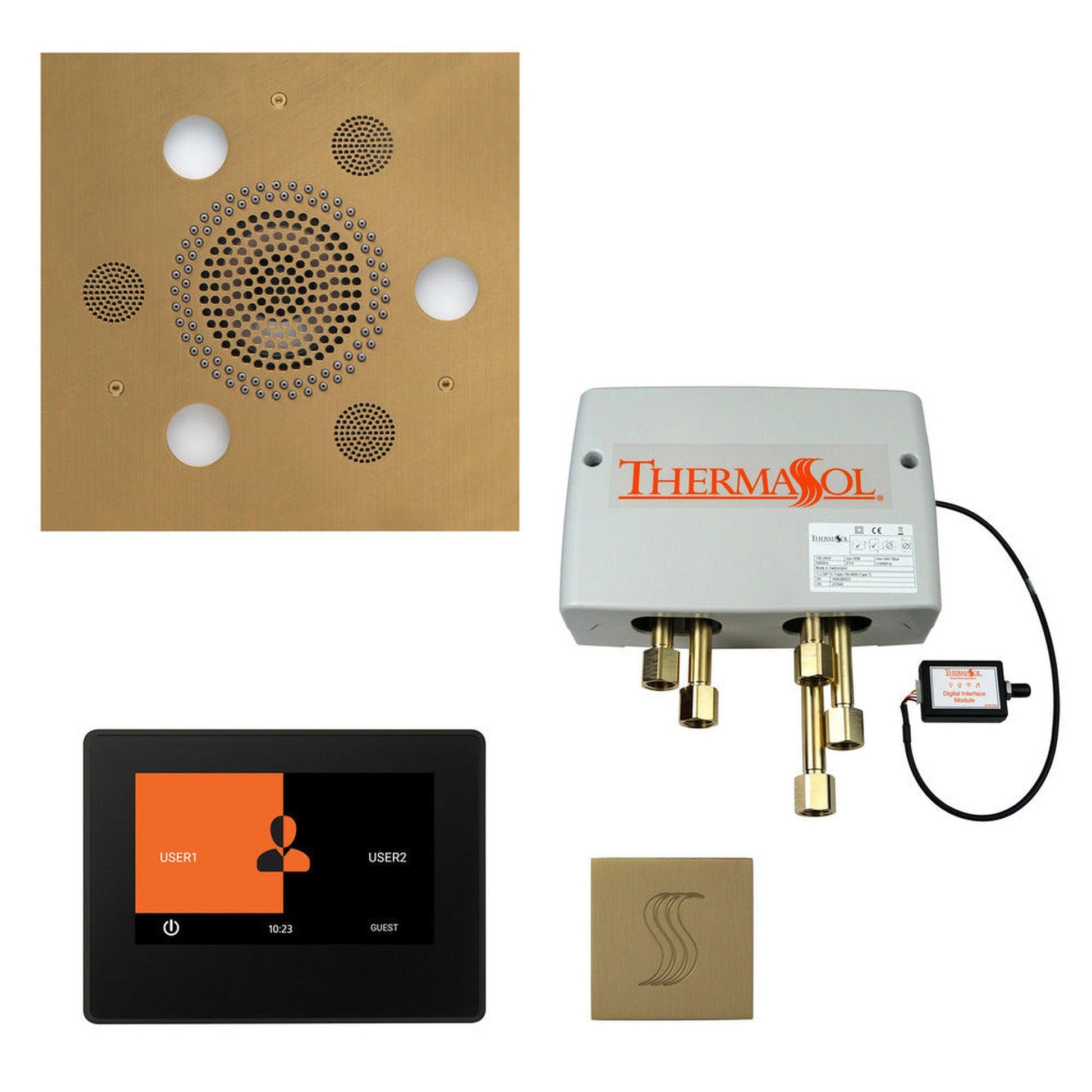 ThermaSol The Total Wellness Satin Brass Finish Serenity Advanced Square Package with 7" ThermaTouch and Square SteamVection