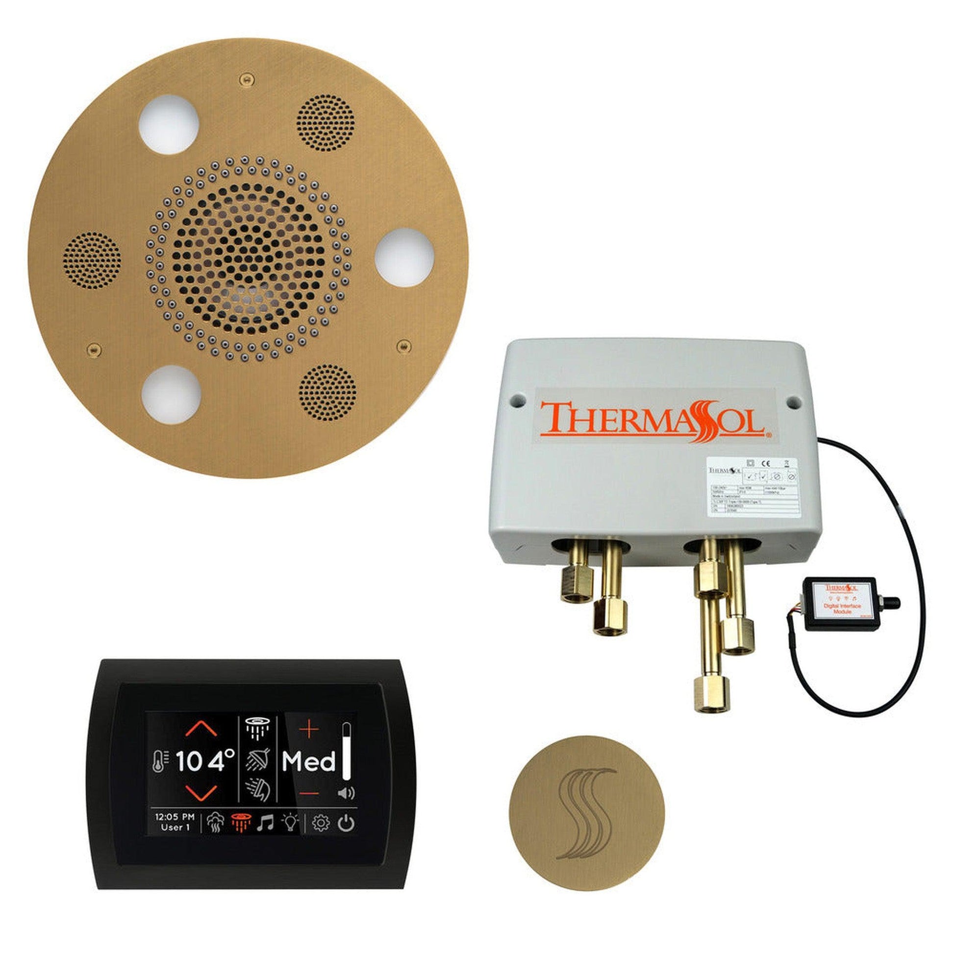ThermaSol The Total Wellness Satin Brass Finish Serenity Advancedd Round Package with 5" Flushmount SignaTouch and Round SteamVection