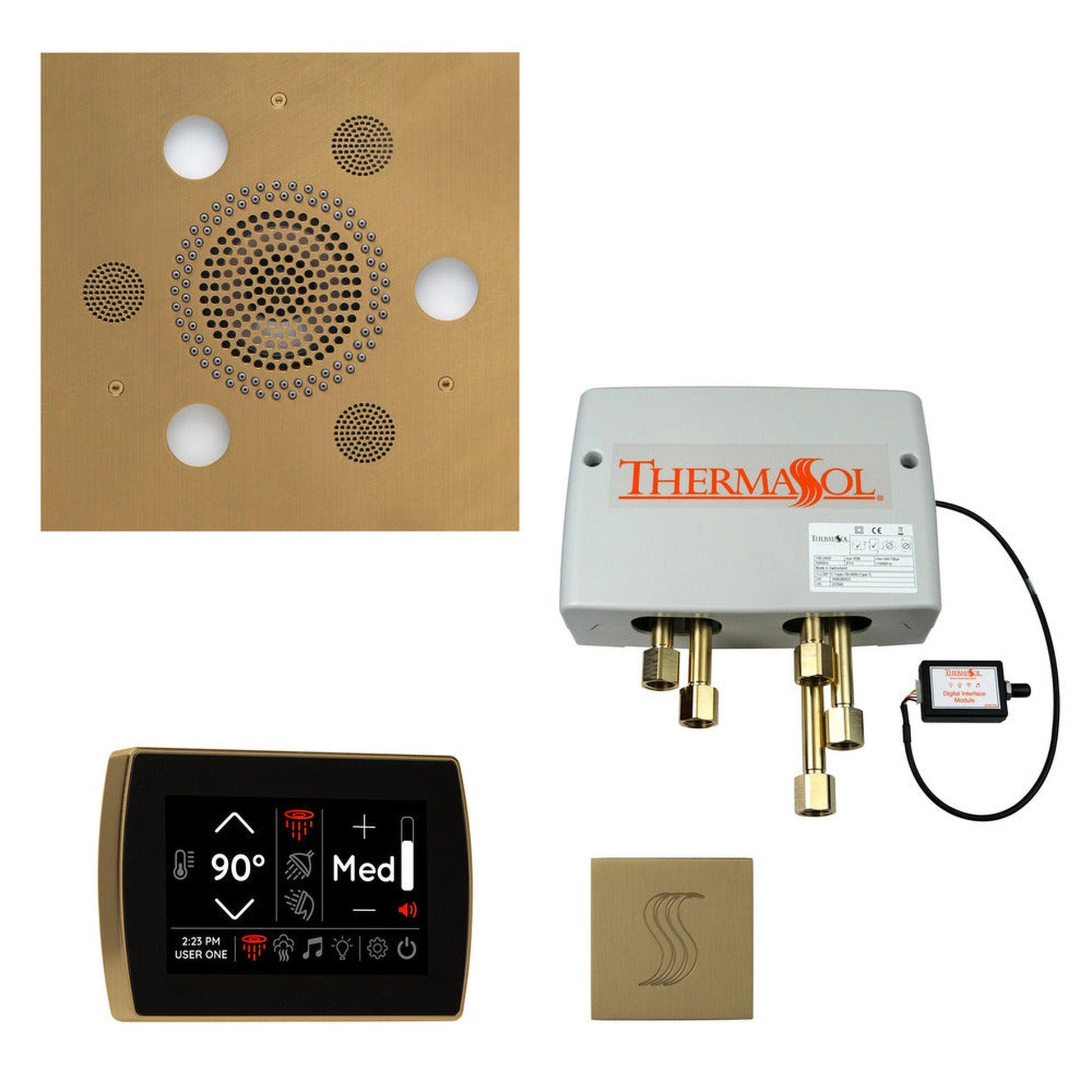 ThermaSol The Total Wellness Satin Brass Finish Serenity Advancedd Square Package with 5" Recessed SignaTouch and Square SteamVection