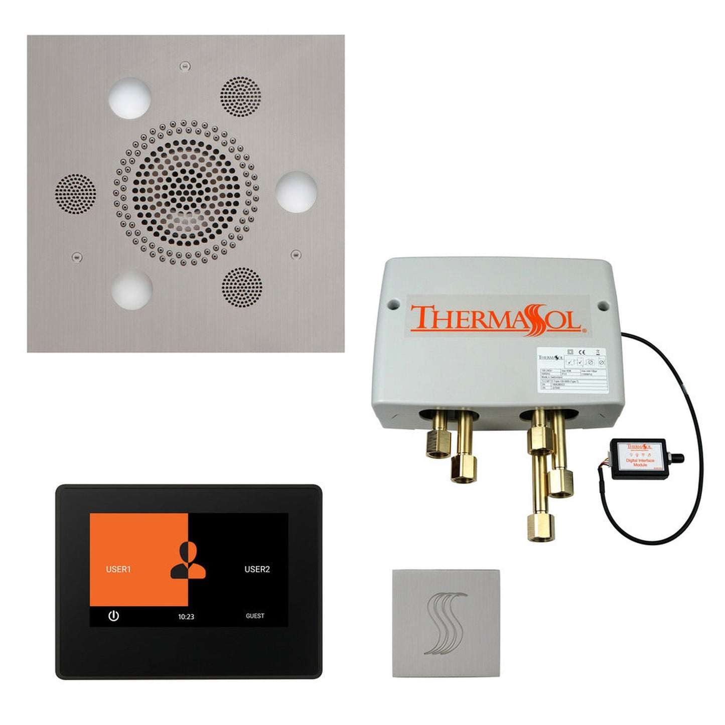 ThermaSol The Total Wellness Satin Chrome Finish Serenity Advanced Square Package with 7" ThermaTouch and Square SteamVection