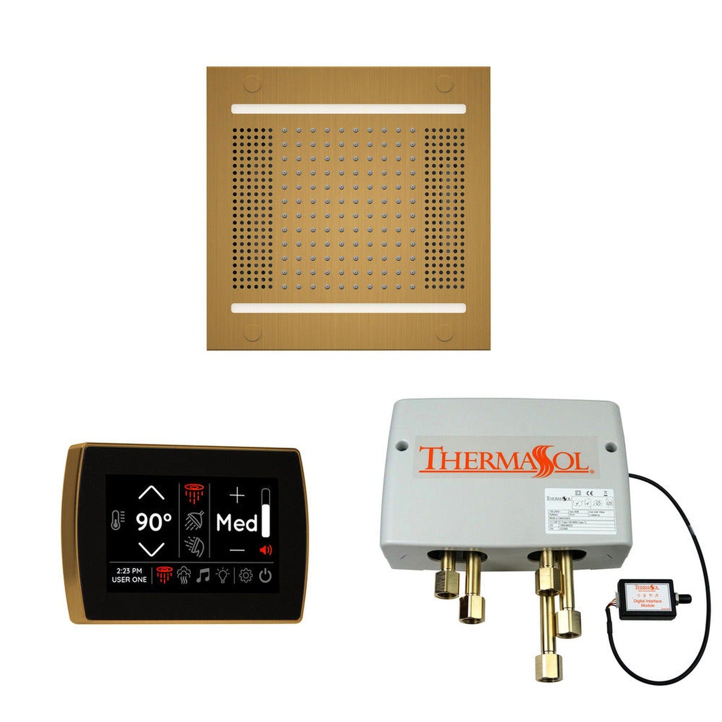 ThermaSol The Wellness Antique Brass Finish Hydrovive14 Shower Package with 5" Recessed SignaTouch