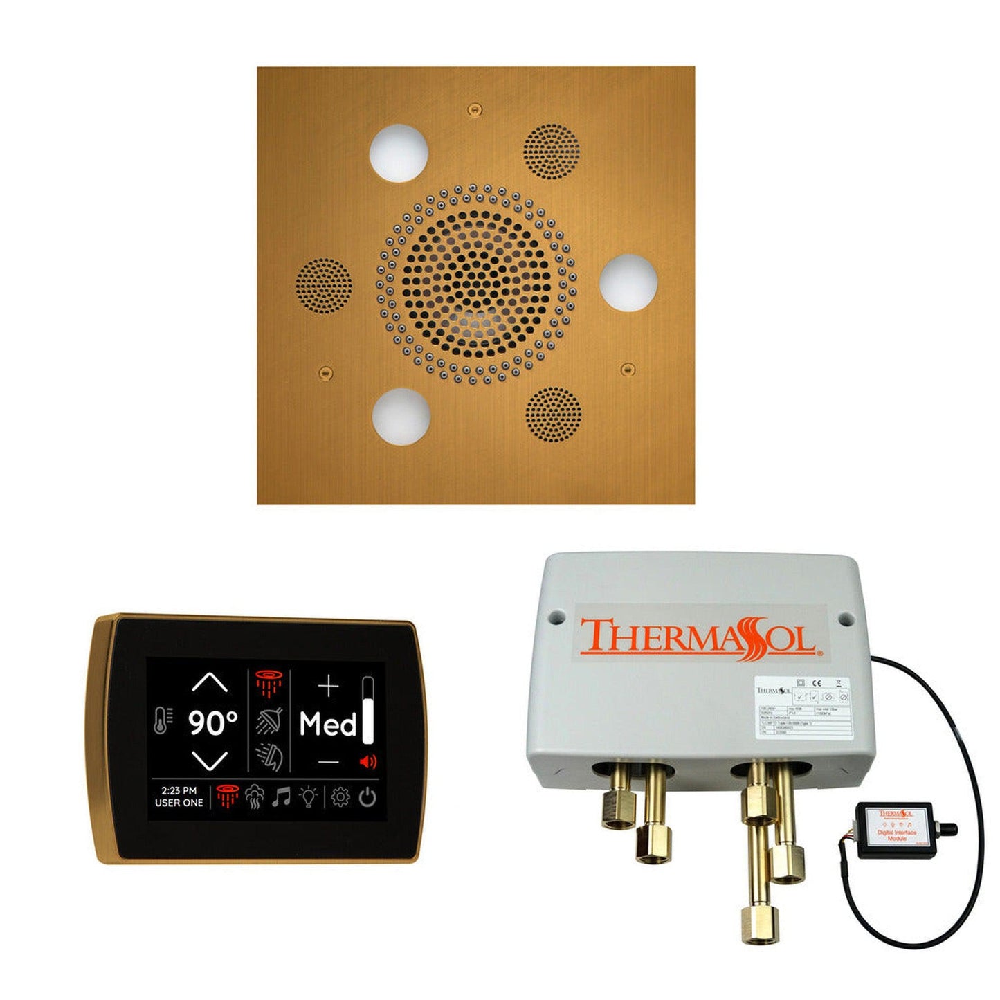 ThermaSol The Wellness Antique Brass Finish Serenity Advanced Round Shower Package with 5" Recessed SignaTouch