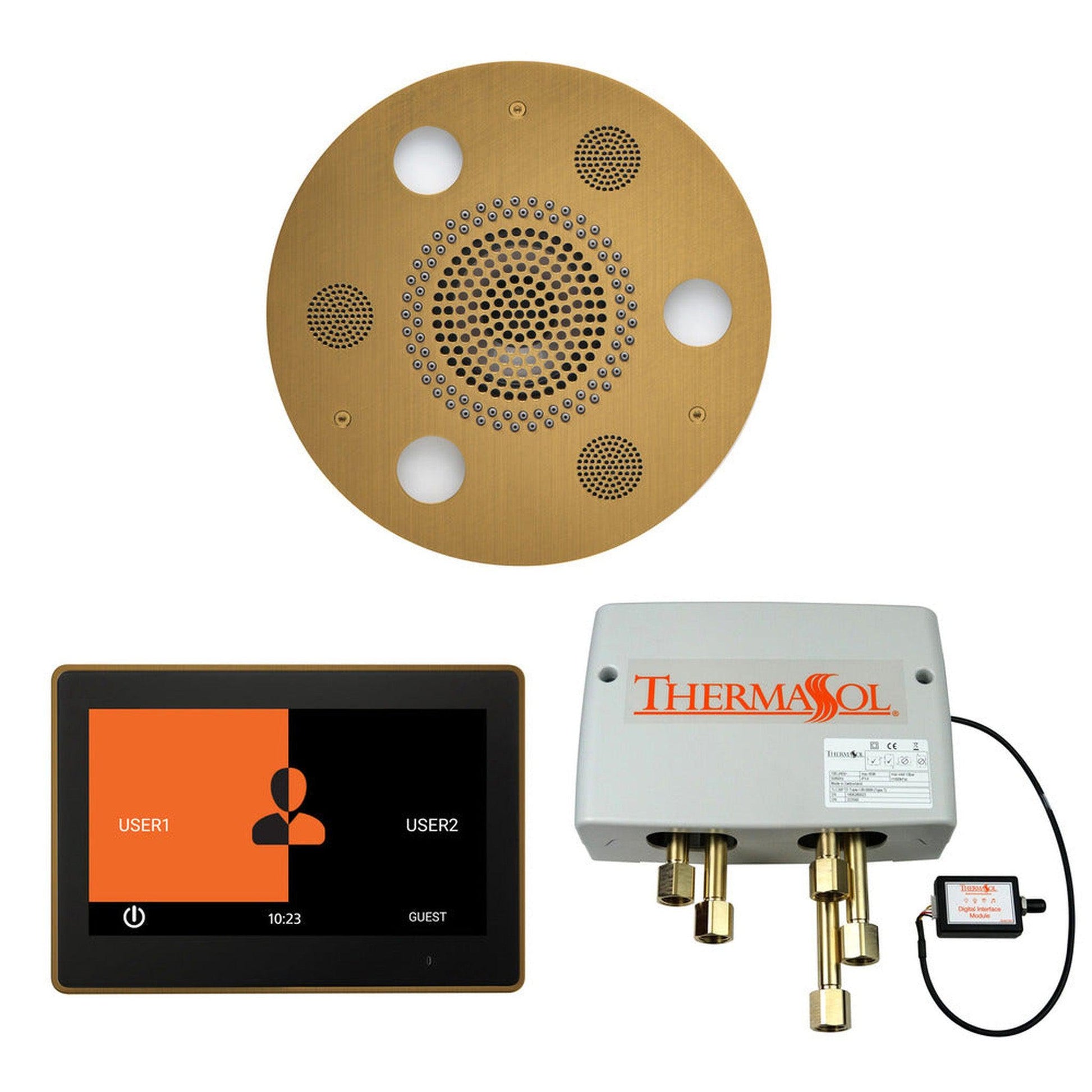 ThermaSol The Wellness Antique Brass Finish Serenity Advancedd Round Shower Package with 10" ThermaTouch