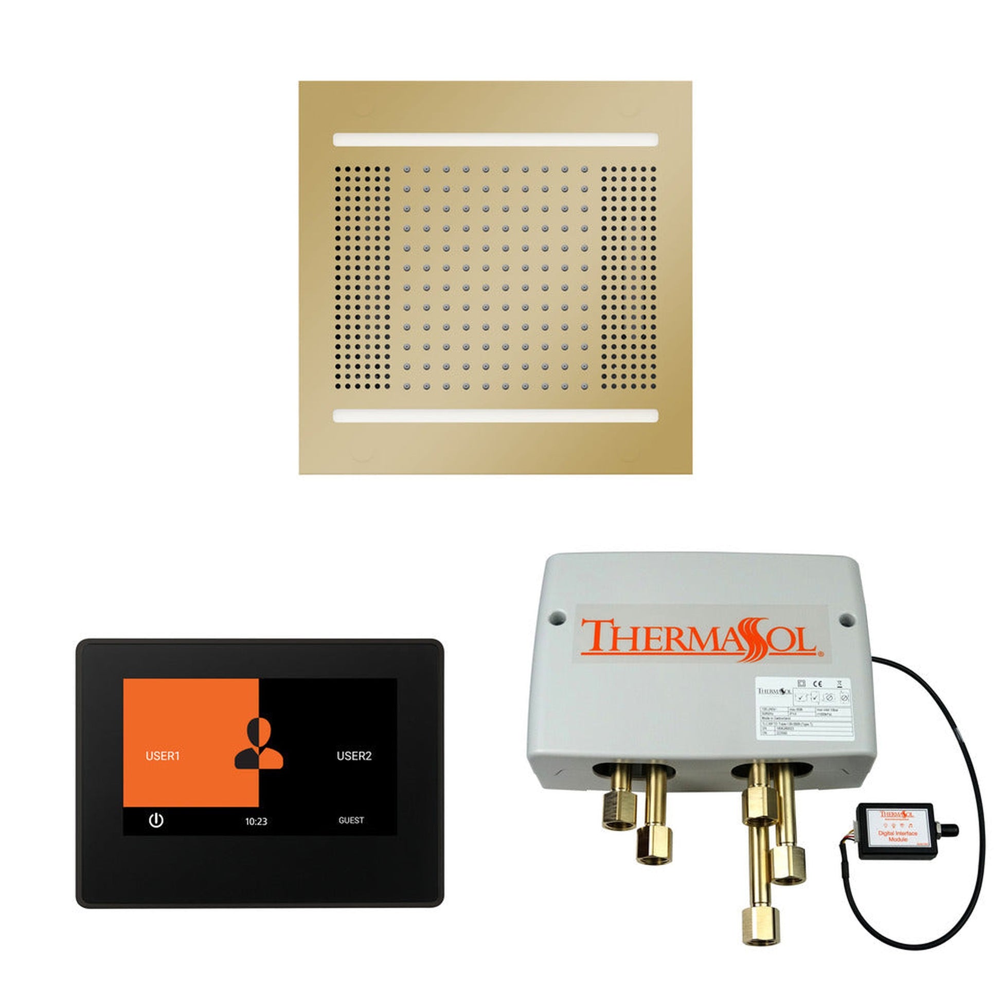 ThermaSol The Wellness Polished Brass Finish Hydrovive14 Shower Square Package with 7" ThermaTouch