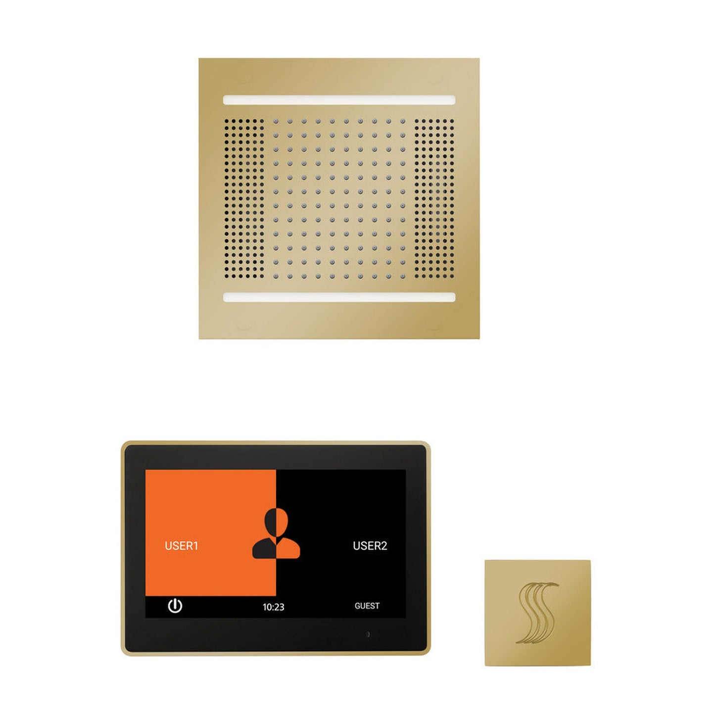 ThermaSol The Wellness Polished Brass Finish Hydrovive14 Steam Square Package with 10" ThermaTouch and SteamVection