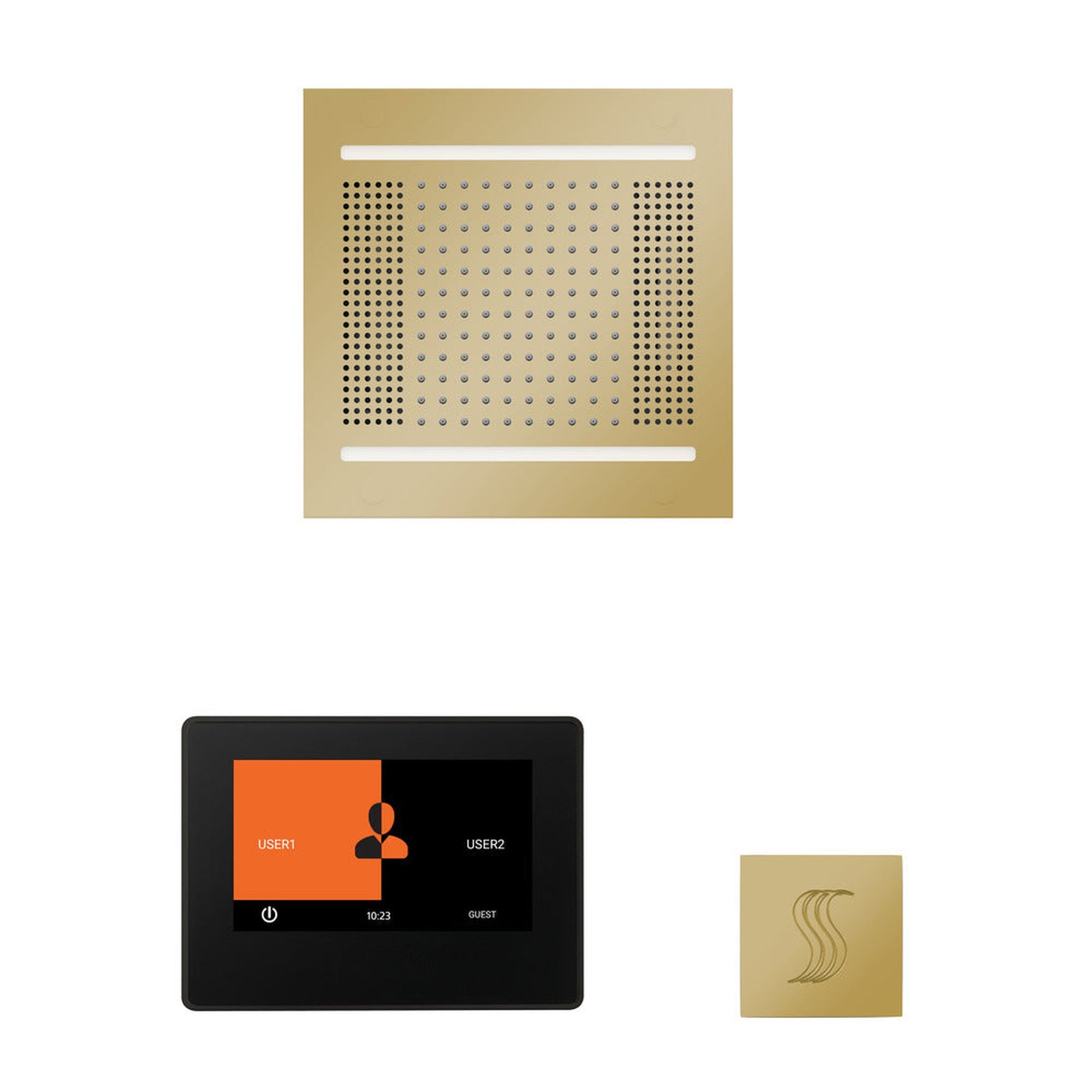 ThermaSol The Wellness Polished Brass Finish Hydrovive14 Steam Square Package with 7" ThermaTouch and SteamVection