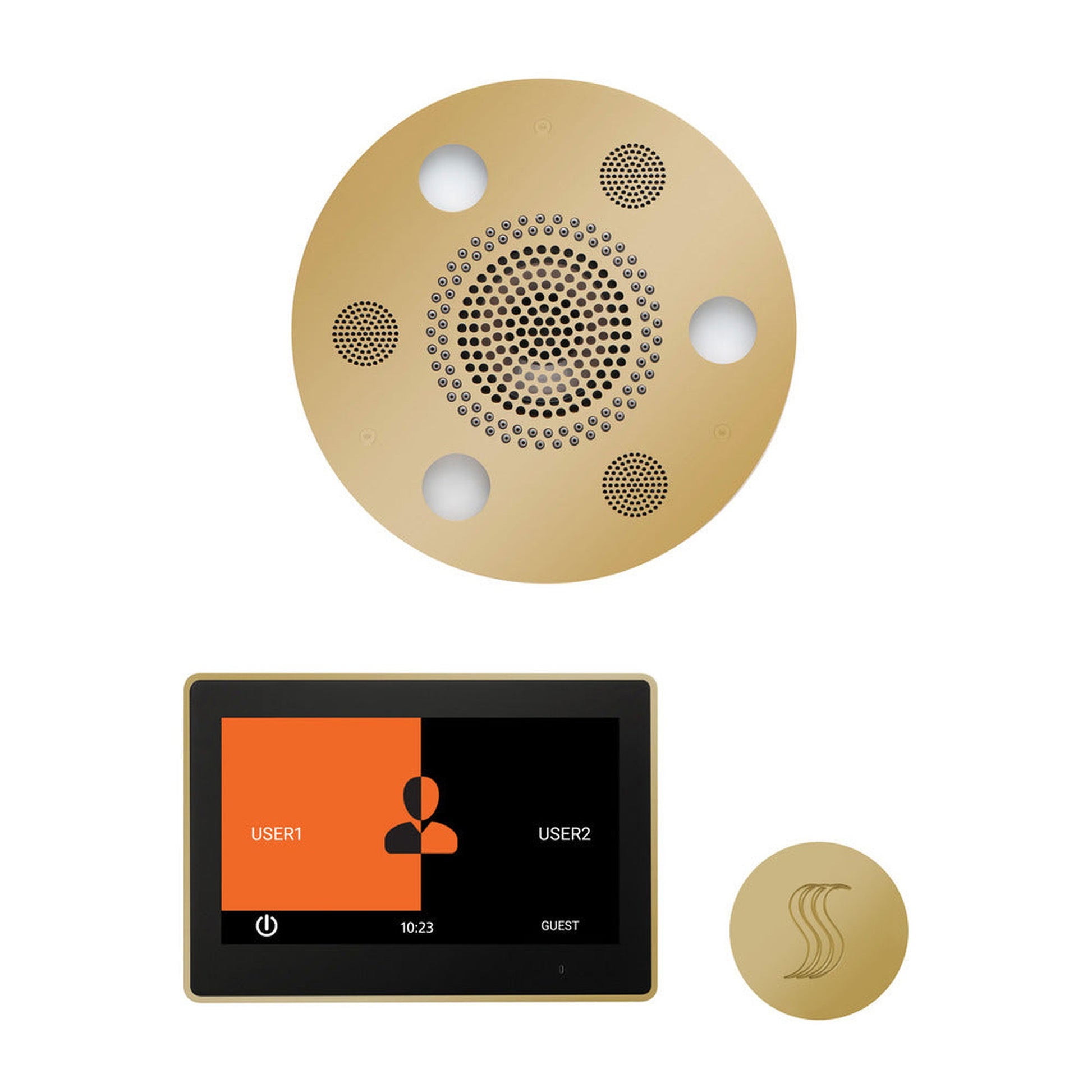 ThermaSol The Wellness Polished Brass Finish Serenity Advanced Round Steam Package with 10" ThermaTouch and SteamVection