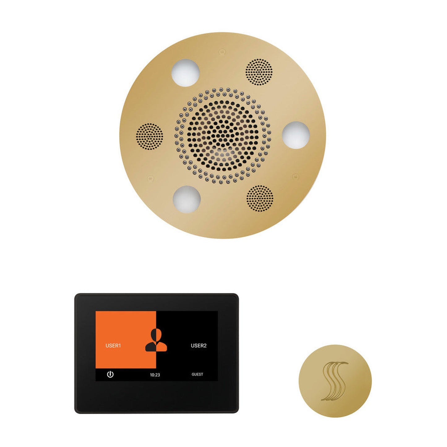 ThermaSol The Wellness Polished Brass Finish Serenity Advanced Round Steam Package with 7" ThermaTouch and SteamVection