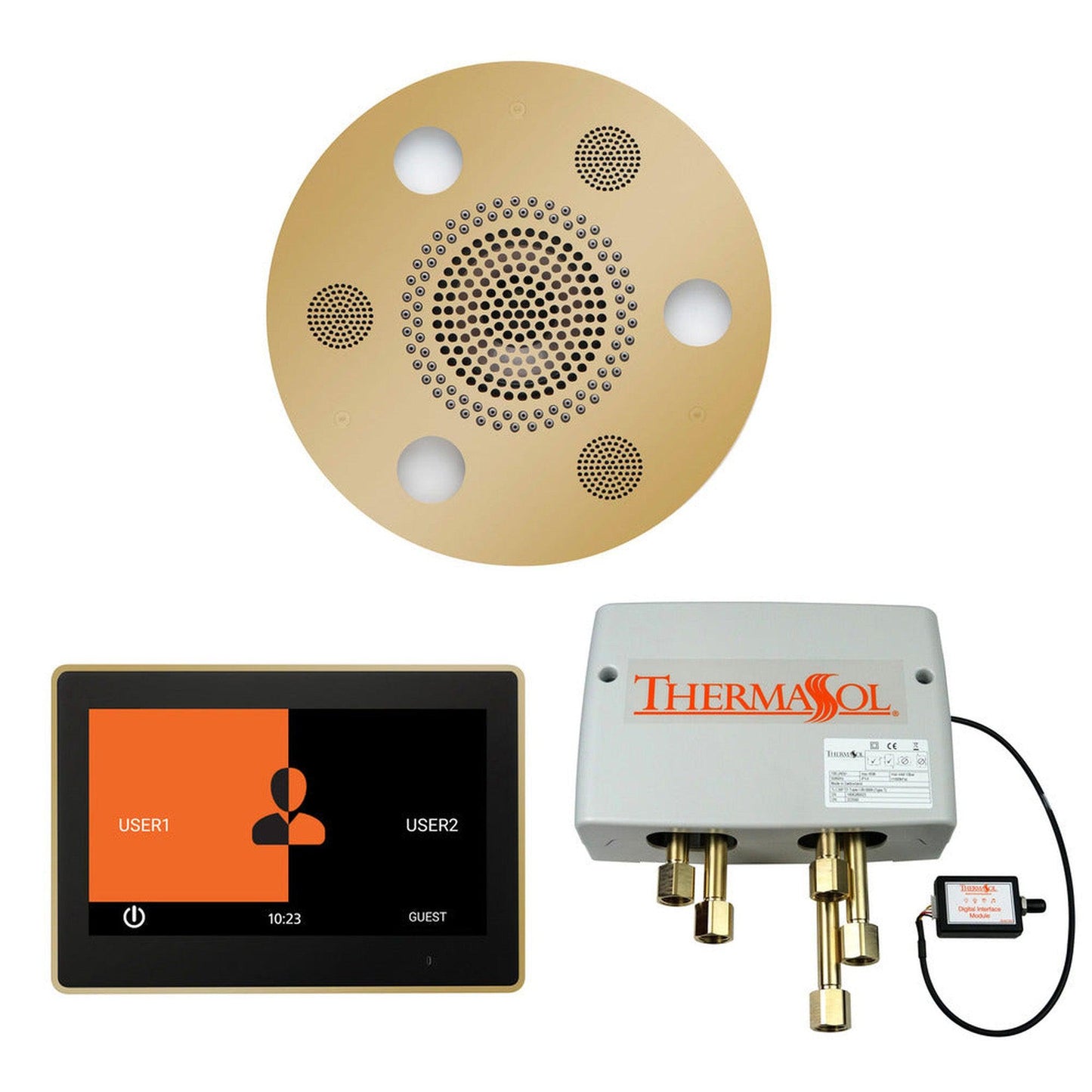 ThermaSol The Wellness Polished Brass Finish Serenity Advancedd Round Shower Package with 10" ThermaTouch