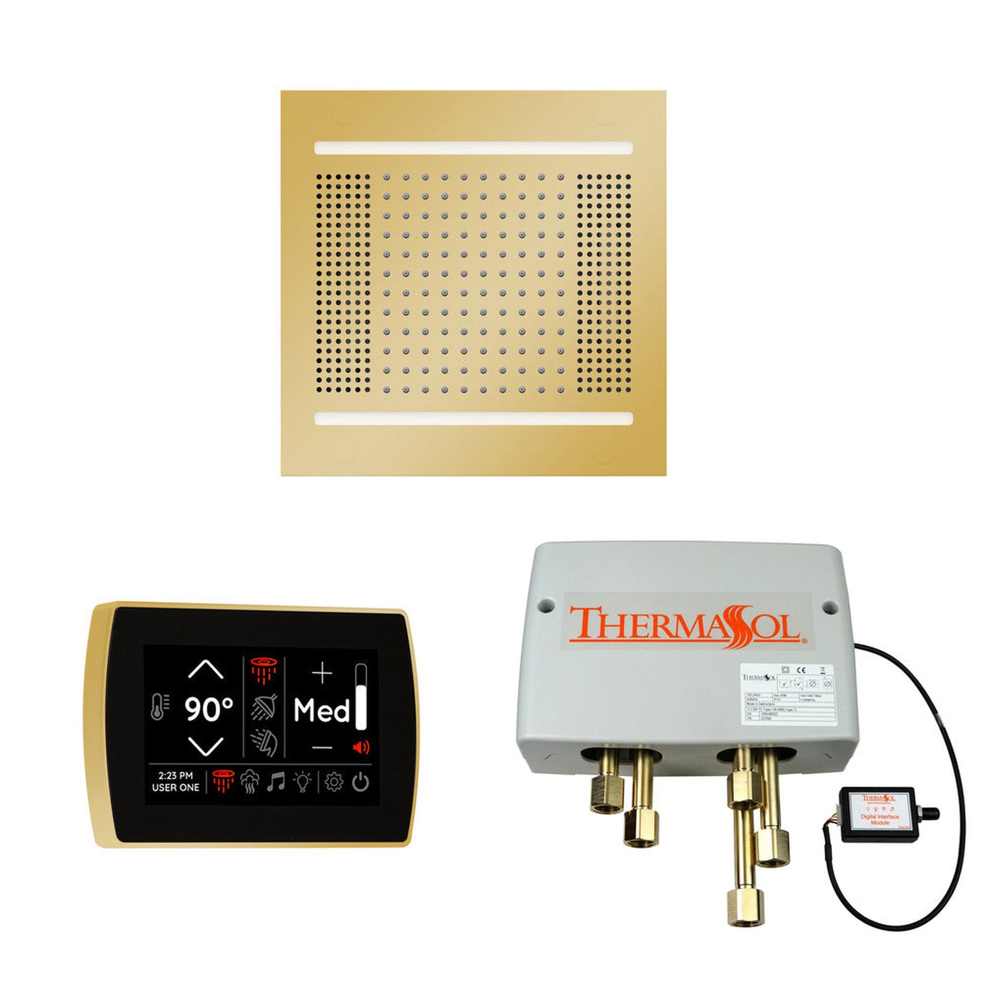 ThermaSol The Wellness Polished Gold Finish Hydrovive14 Shower Package with 5" Recessed SignaTouch