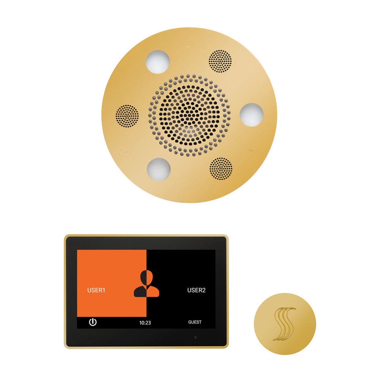 ThermaSol The Wellness Polished Gold Finish Serenity Advanced Round Steam Package with 10" ThermaTouch and SteamVection