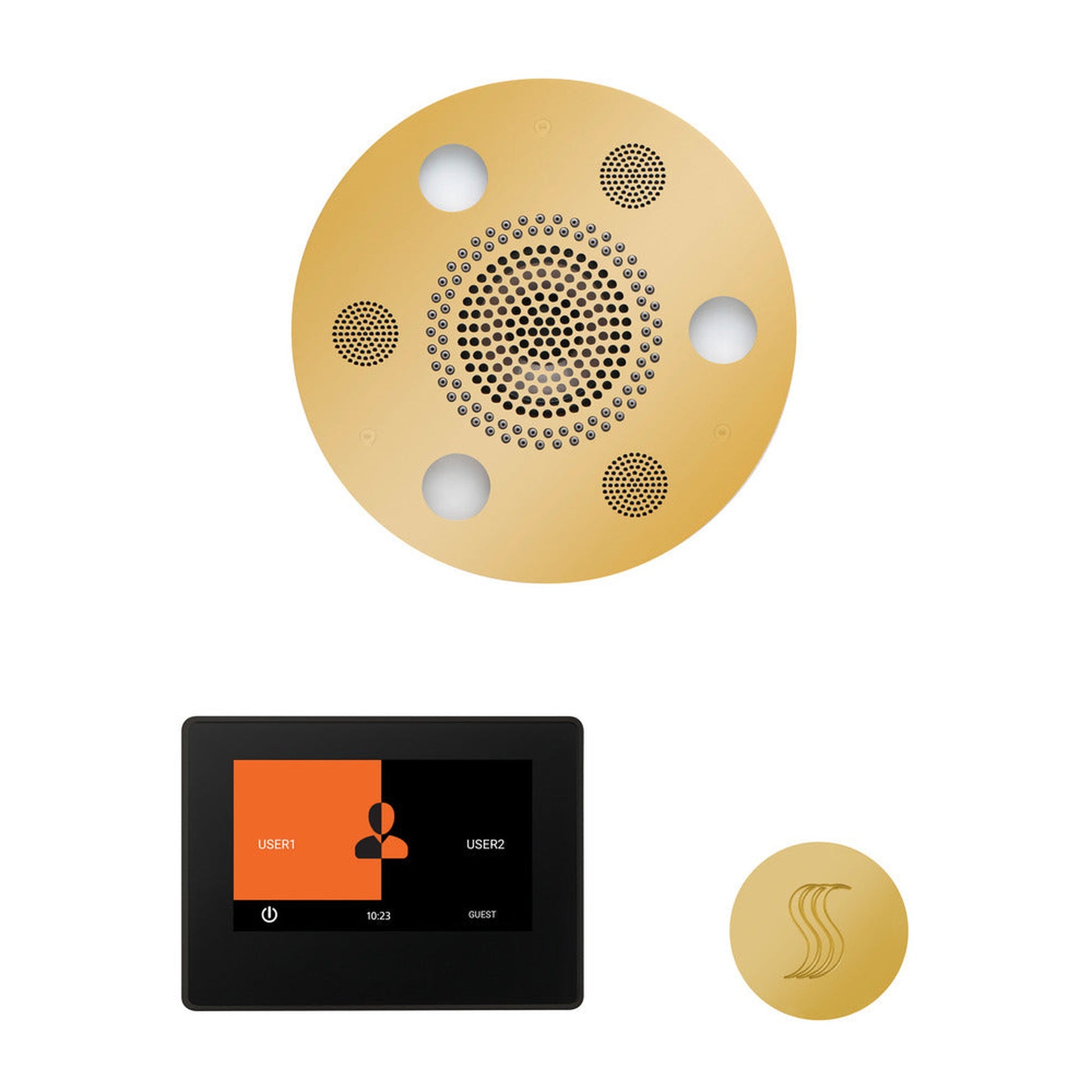 ThermaSol The Wellness Polished Gold Finish Serenity Advanced Round Steam Package with 7" ThermaTouch and SteamVection