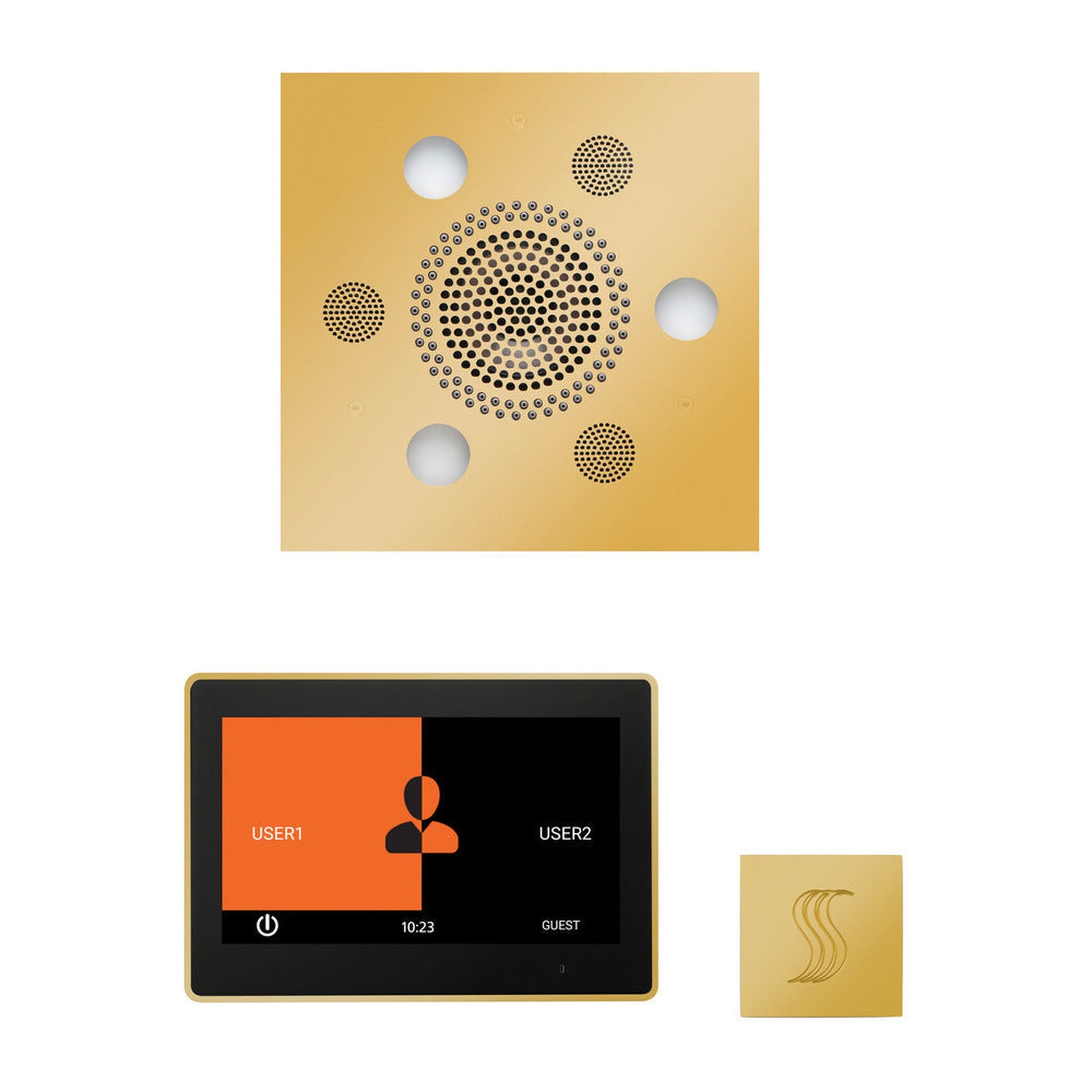 ThermaSol The Wellness Polished Gold Finish Serenity Advanced Square Steam Package with 10" ThermaTouch and SteamVection