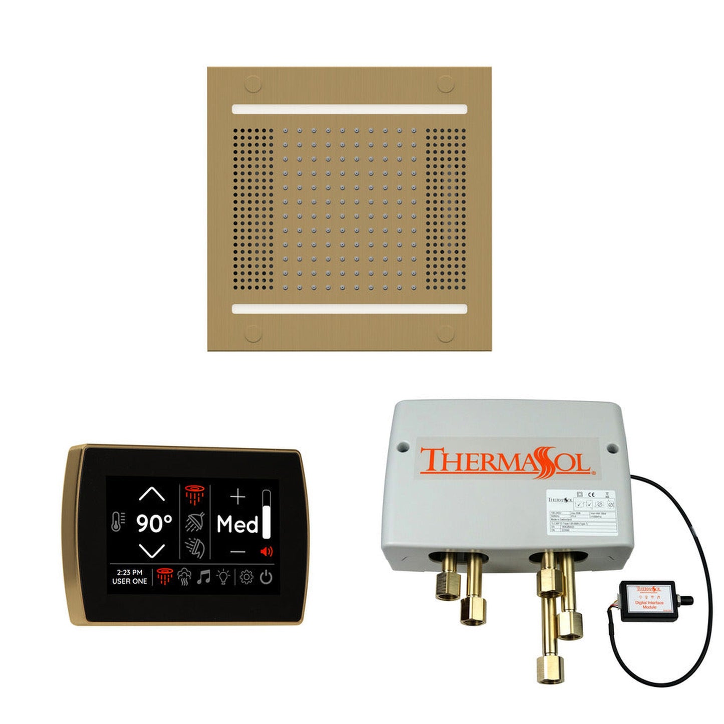 ThermaSol The Wellness Satin Brass Finish Hydrovive14 Shower Package with 5" Recessed SignaTouch