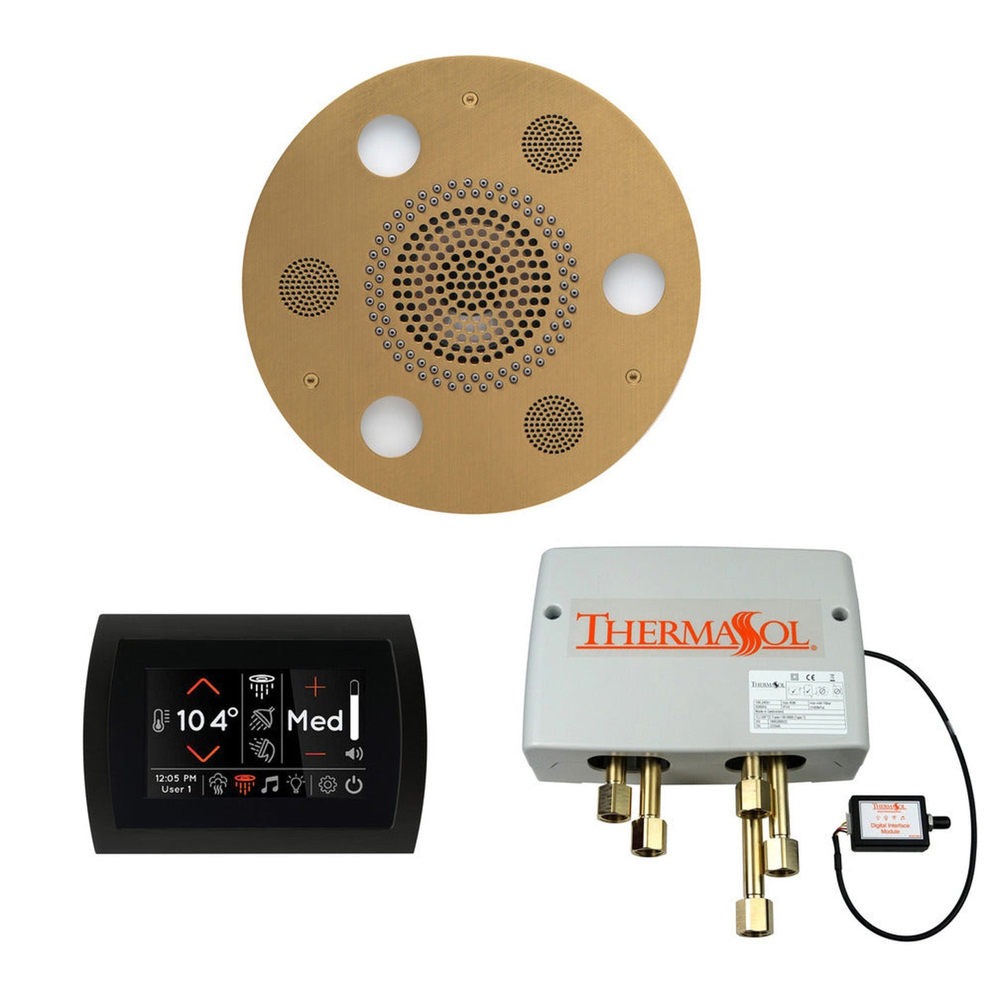 ThermaSol The Wellness Satin Brass Finish Serenity Advanced Round Shower Package with 5" Flushmount SignaTouch