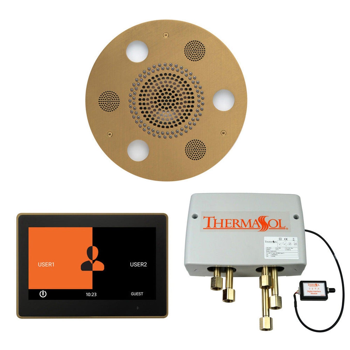 ThermaSol The Wellness Satin Brass Finish Serenity Advancedd Round Shower Package with 10" ThermaTouch