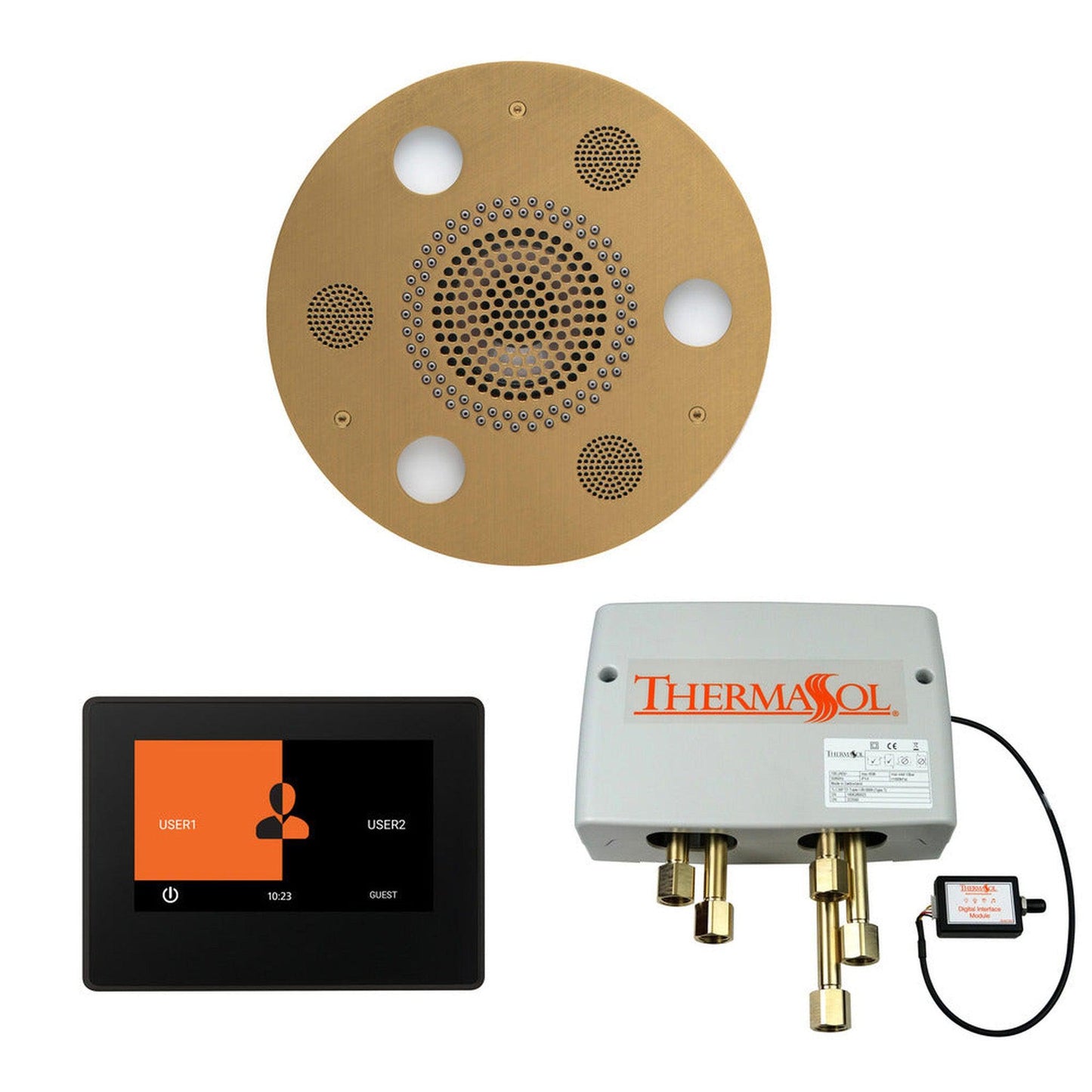 ThermaSol The Wellness Satin Brass Finish Serenity Advancedd Round Shower Package with 7" ThermaTouch