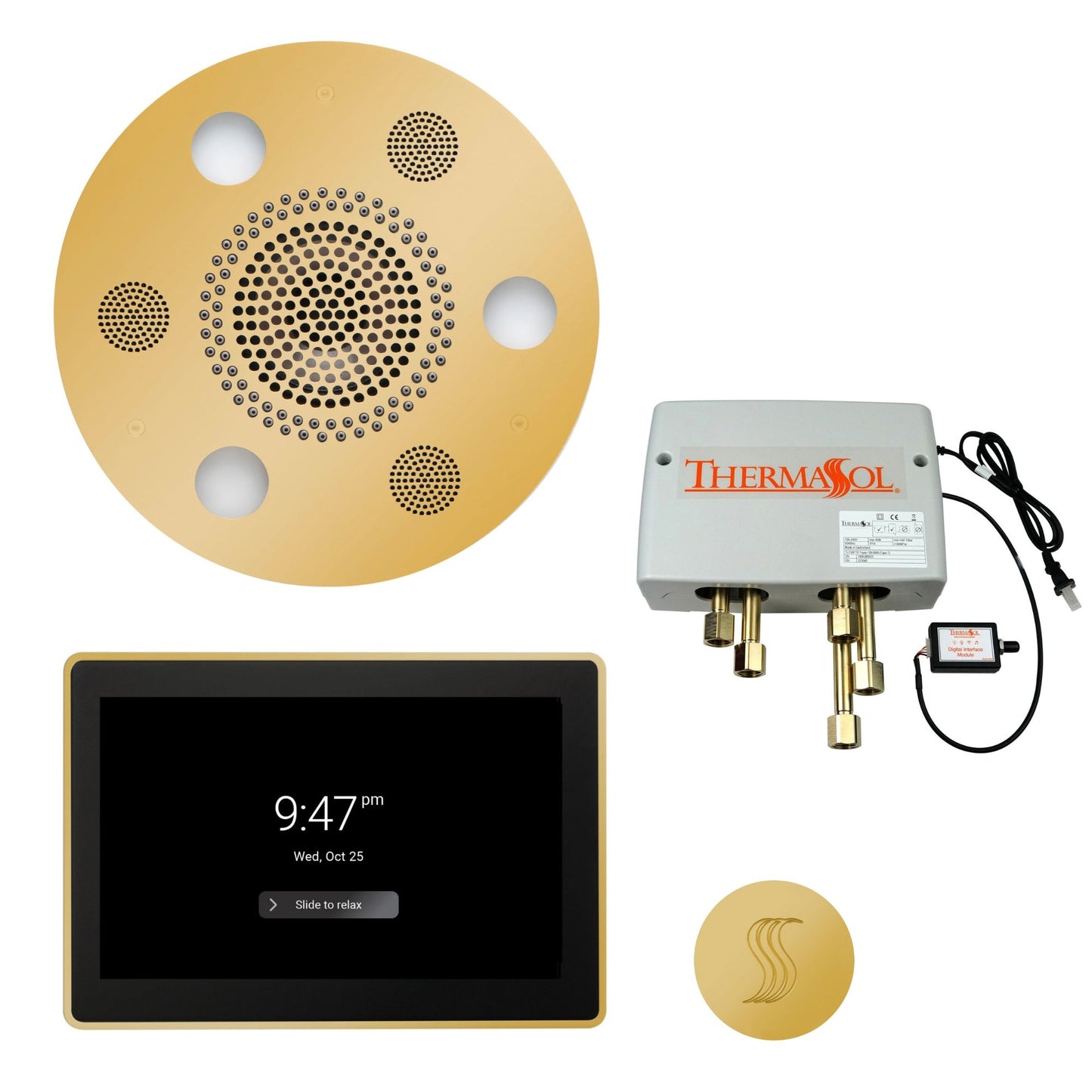 Thermasol Round Serenity Advanced Rainhead Polished Gold Total Wellness Package