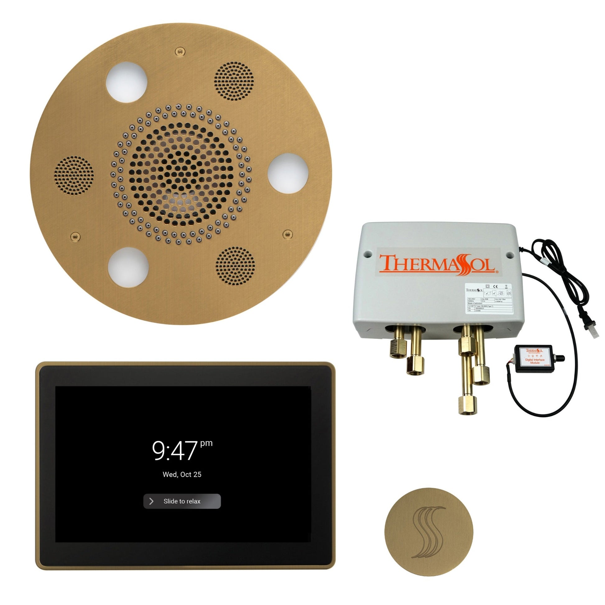 Thermasol Round Serenity Advanced Rainhead Satin Brass Total Wellness Package