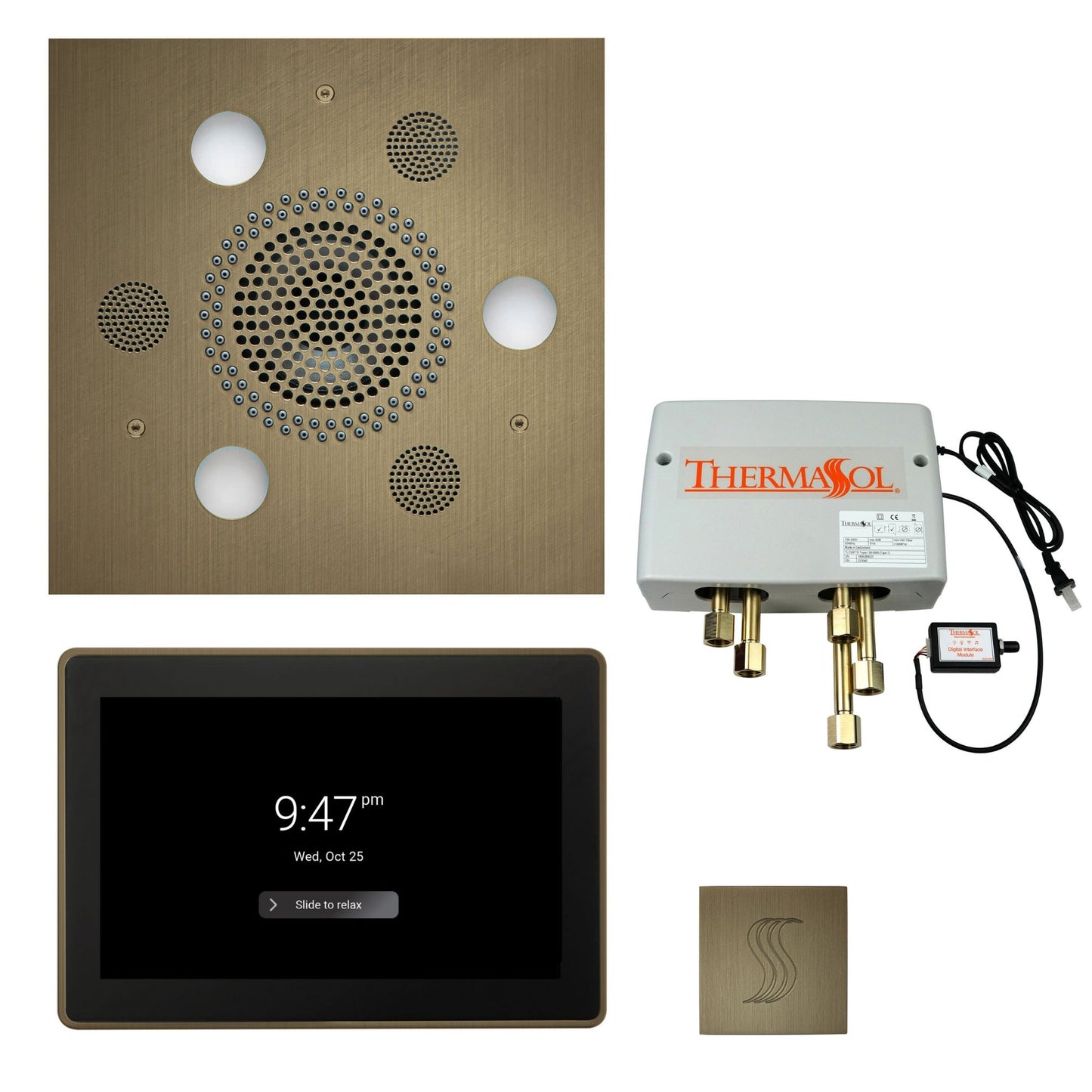 Thermasol Square Serenity Advanced Rainhead Antique Brass Total Wellness Package