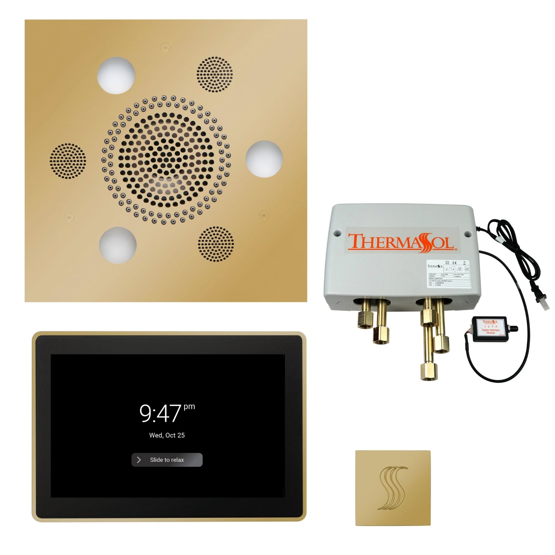 Thermasol Square Serenity Advanced Rainhead Polished Brass Total Wellness Package