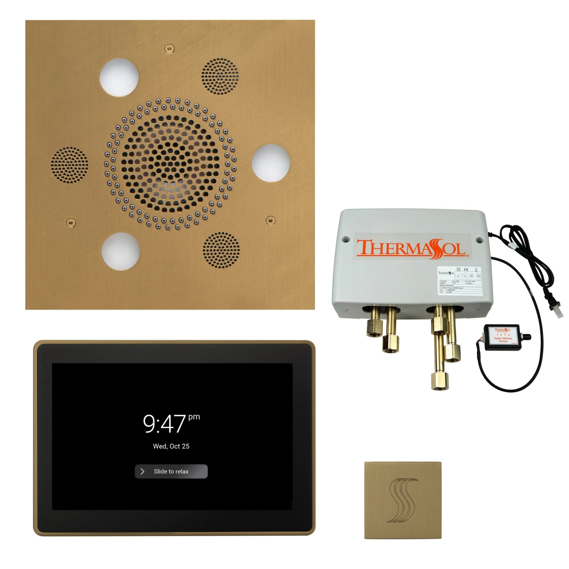Thermasol Square Serenity Advanced Rainhead Satin Brass Total Wellness Package